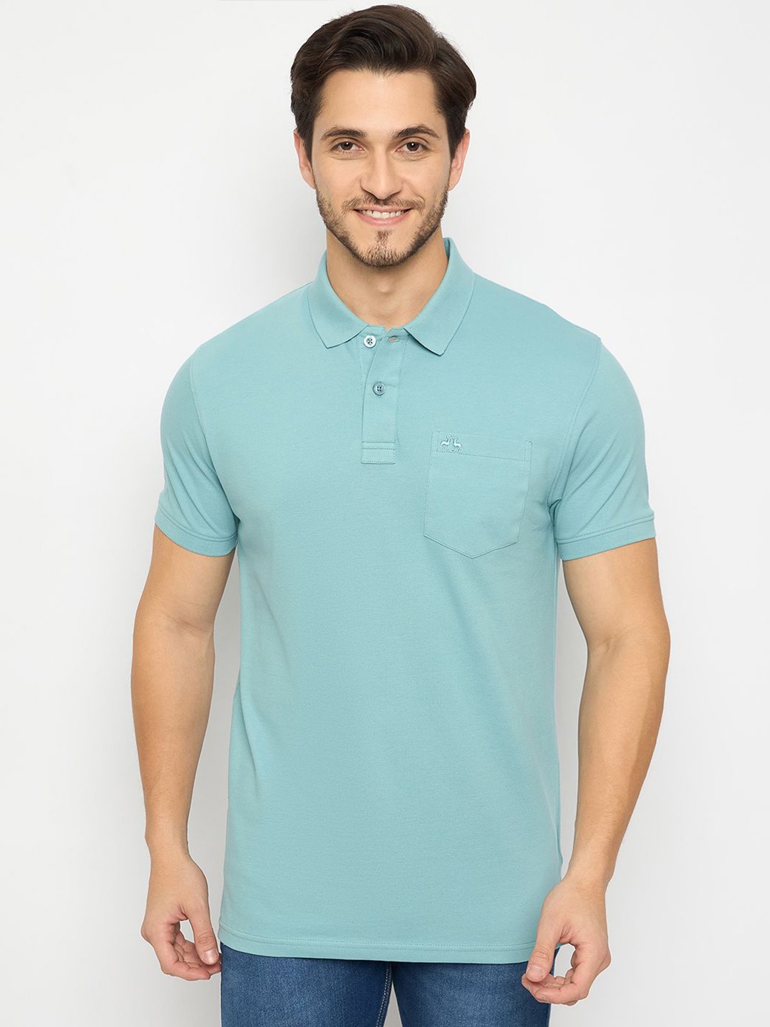 

98 Degree North Men Solid Polo Collar Pure Cotton Pocket T-shirt, Turquoise blue