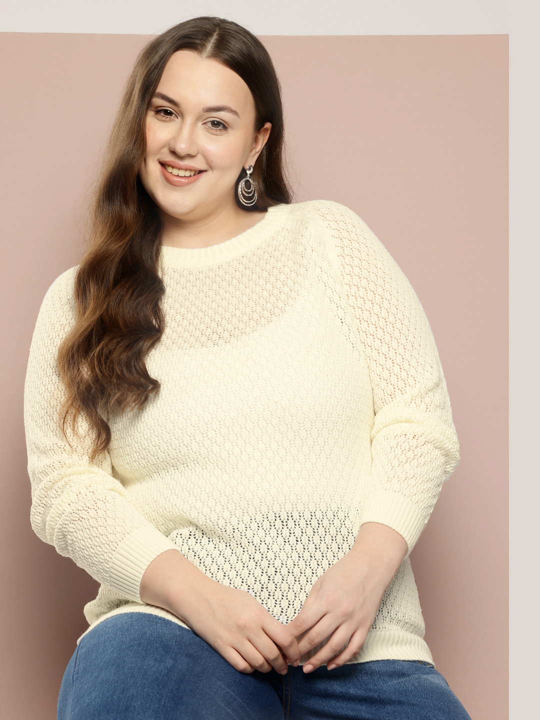 

Sztori Plus-Size Open-Knit Pullover, Cream