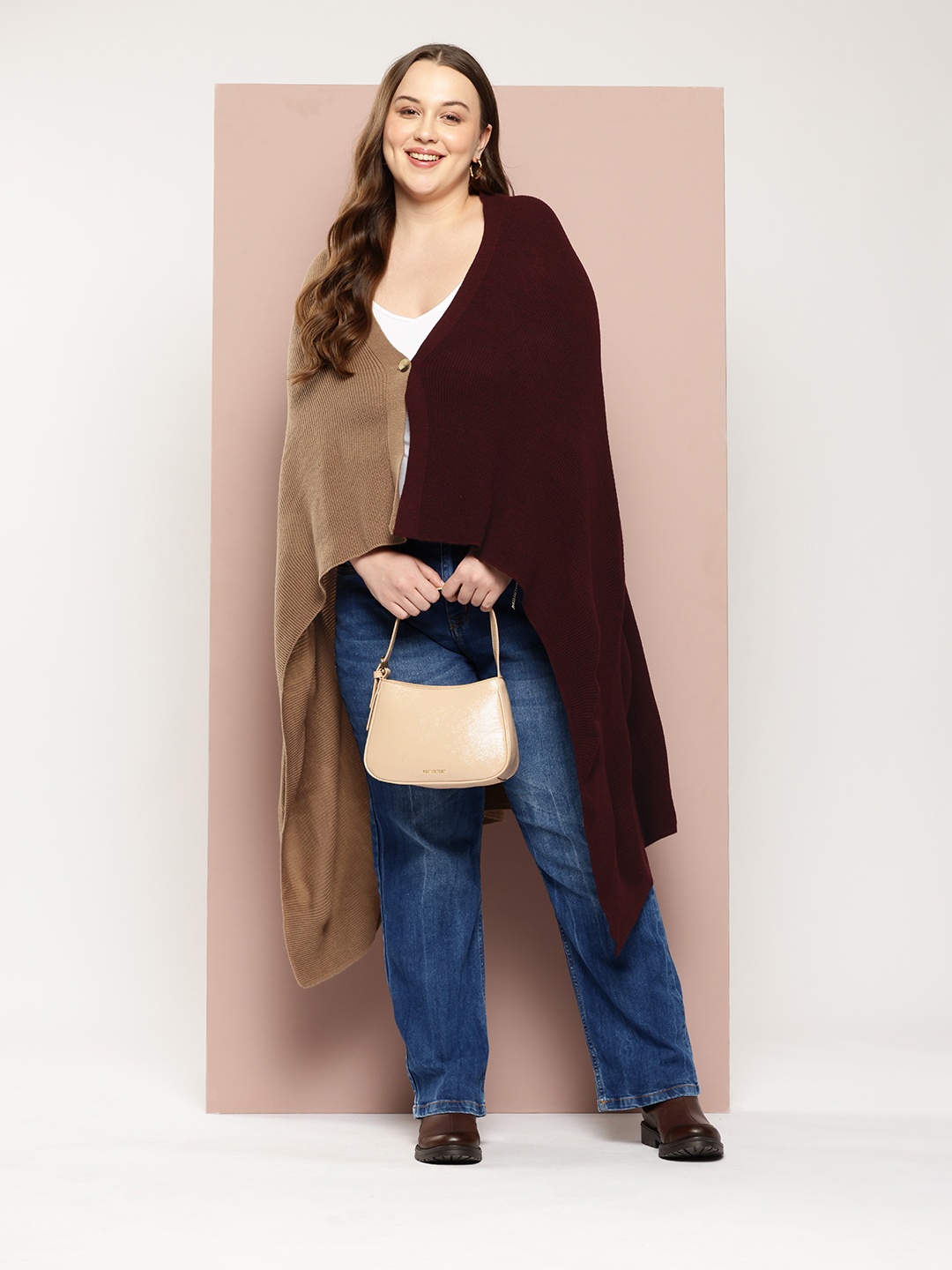 

Sztori Plus Size Pure Acrylic Colourblocked Longline Poncho, Brown
