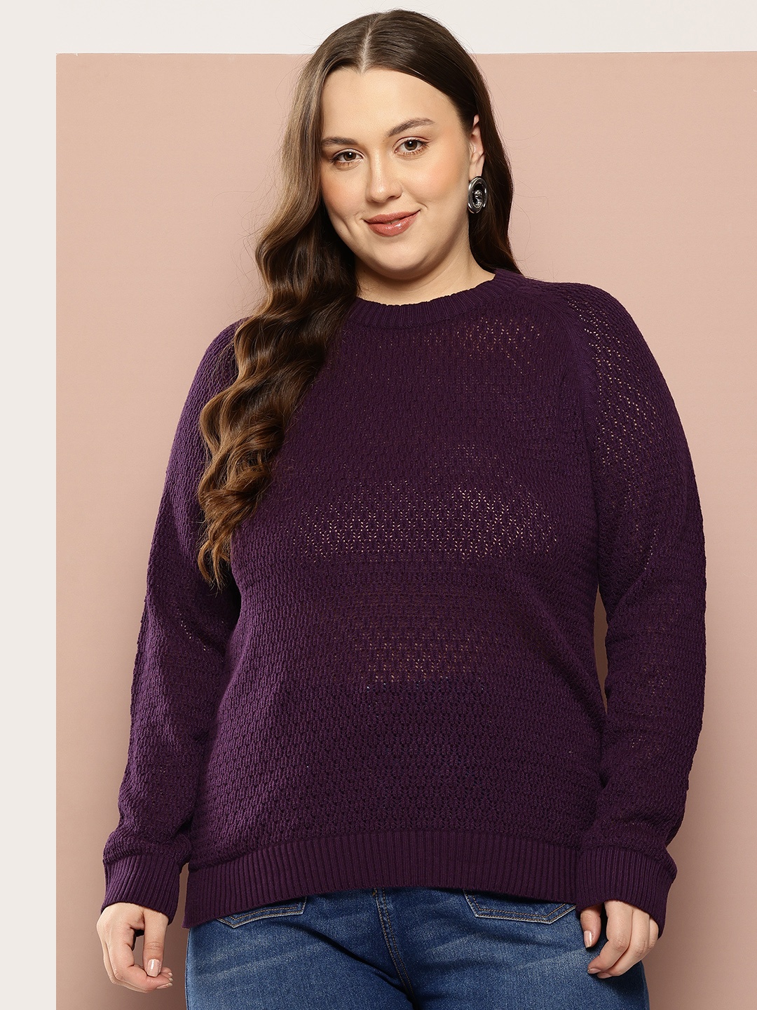 

Sztori Plus Size Open Knitted Pullover, Purple