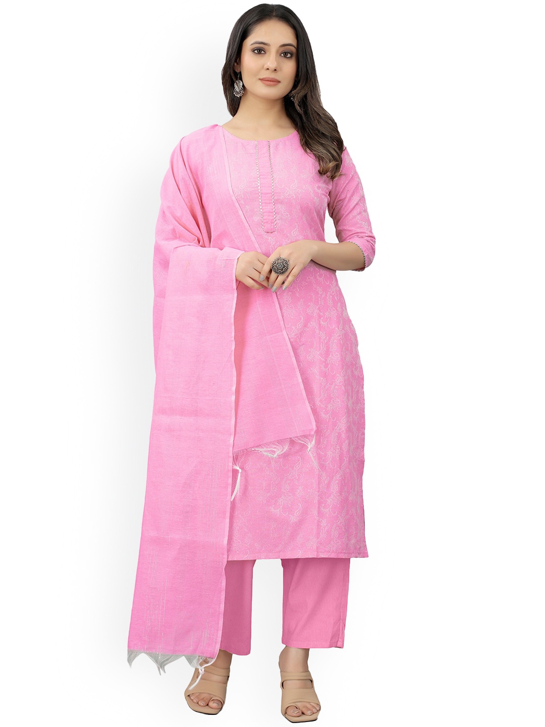 

revika Women Embroidered Regular Kurta with Trousers & With Dupatta, Pink