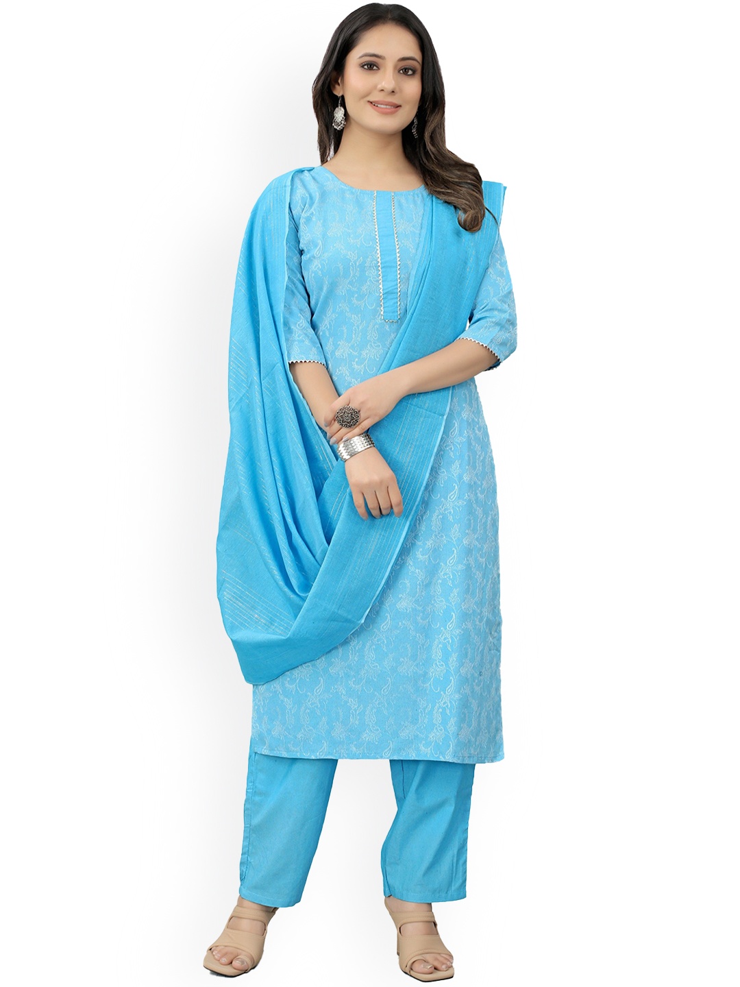 

revika Women Floral Printed Regular Kurta with Trousers & With Dupatta, Blue