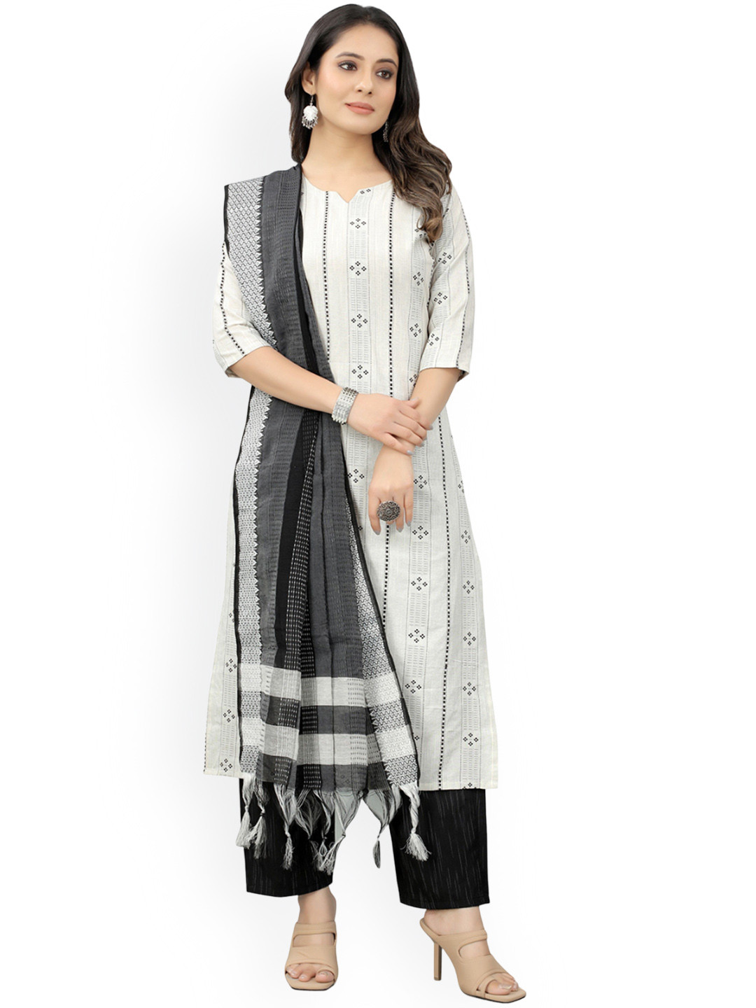 

Revika Women Floral Printed Regular Kurta with Trousers & With Dupatta, White