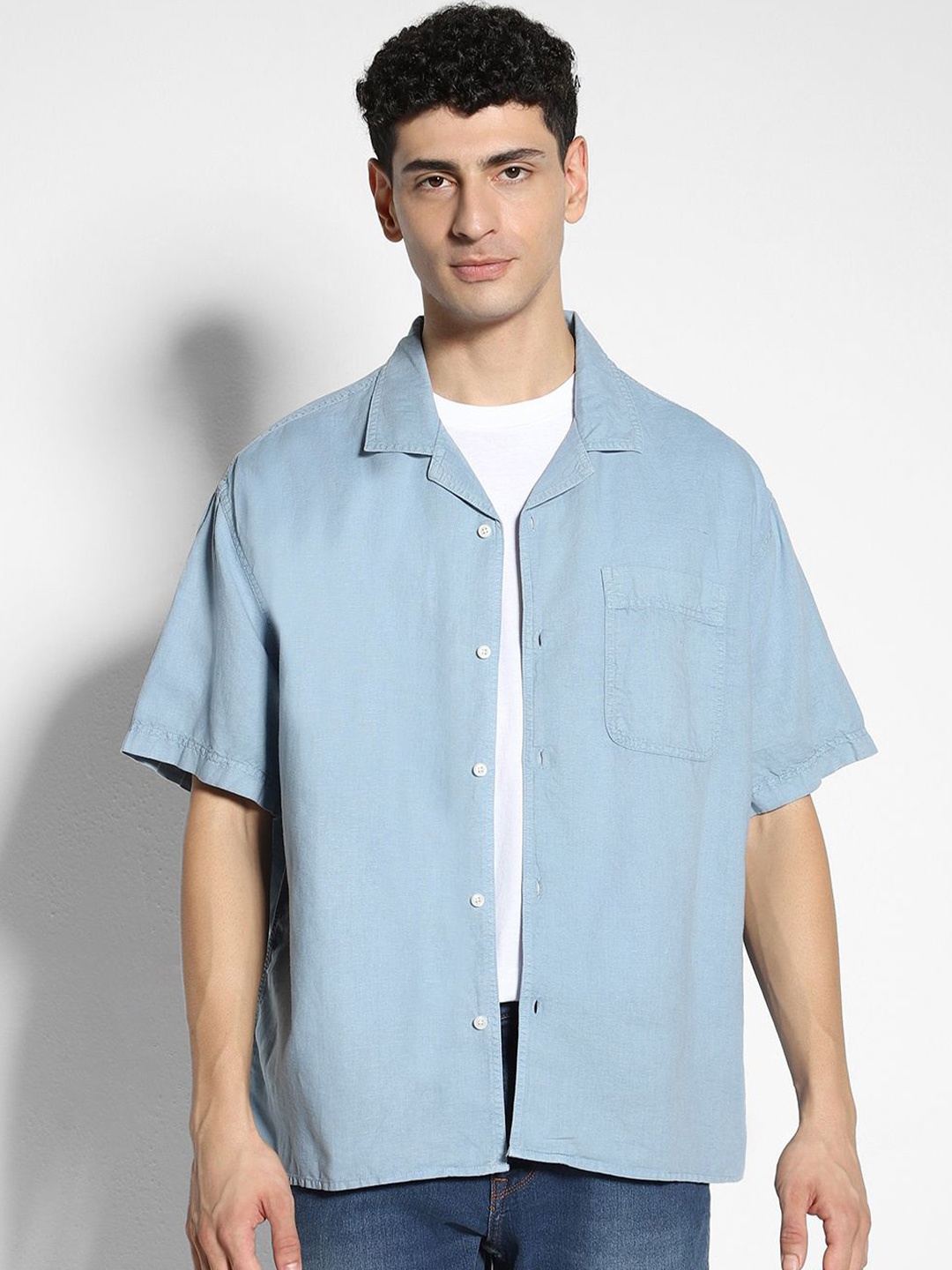 

AMERICAN EAGLE OUTFITTERS Cuban Collar Casual Shirt, Blue