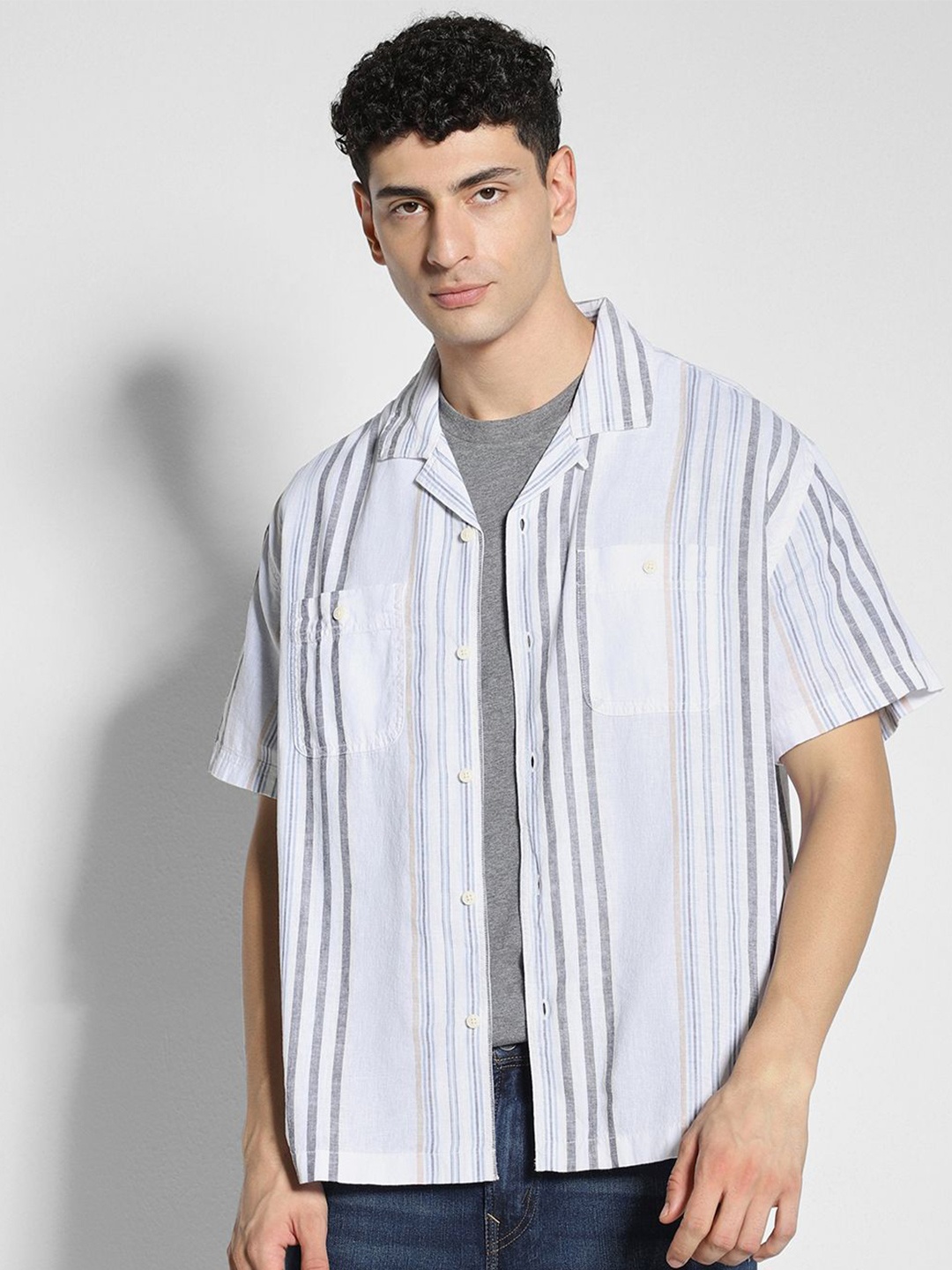 

AMERICAN EAGLE OUTFITTERS Striped Lapel Collar Casual Shirt, White