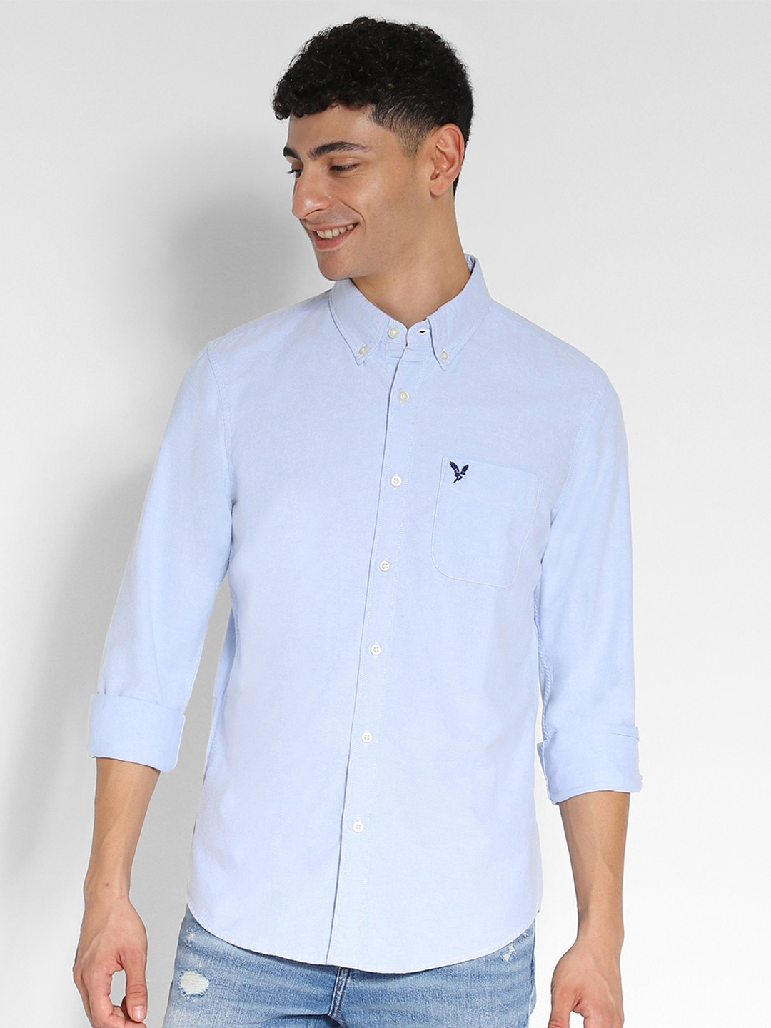 

AMERICAN EAGLE OUTFITTERS Slim Fit Button Down Collar Pure Cotton Casual Shirt, Blue