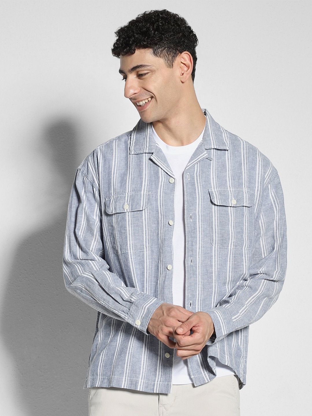 

AMERICAN EAGLE OUTFITTERS Striped Lapel Collar Long Sleeves Cotton Linen Casual Shirt, Blue