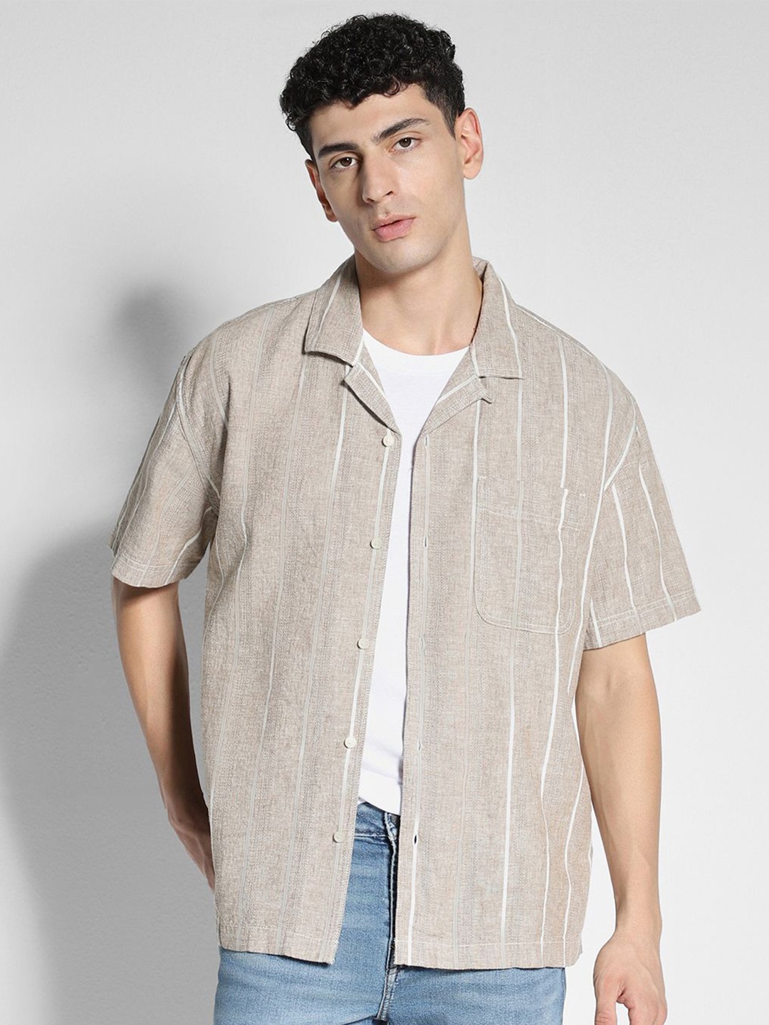 

AMERICAN EAGLE OUTFITTERS Striped Lapel Collar Casual Shirt, Beige