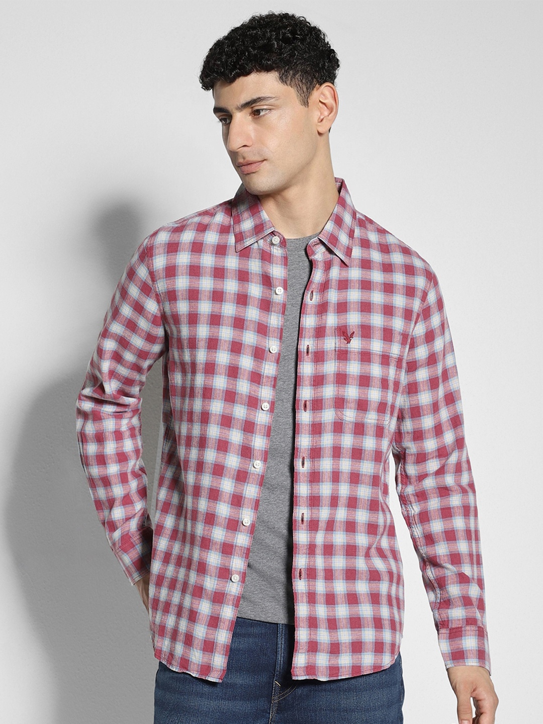 

AMERICAN EAGLE OUTFITTERS Slim Fit Gingham Checked Casual Shirt, Red