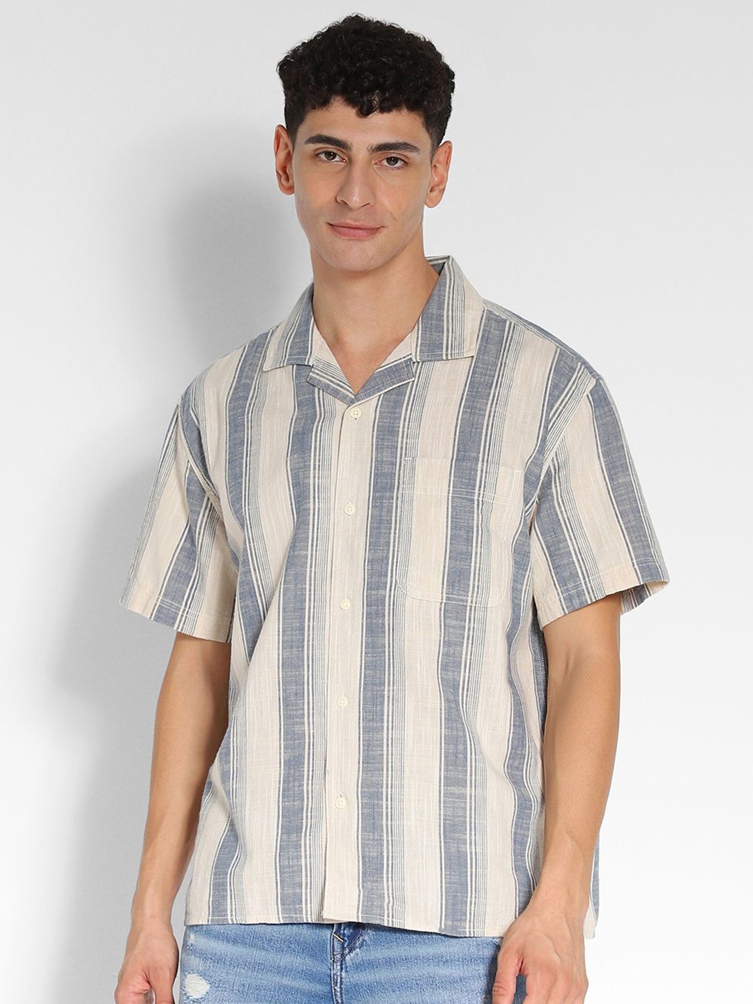 

AMERICAN EAGLE OUTFITTERS Striped Cotton Cuban Collar Casual Shirt, Beige