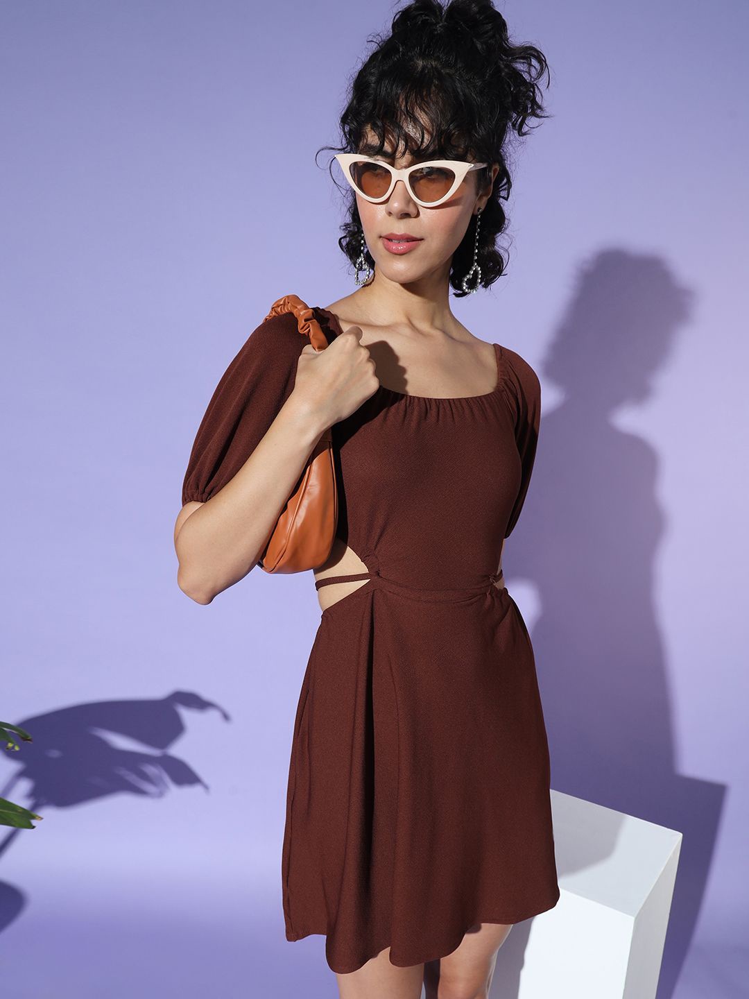 

AAHWAN Puff Sleeve Cut-Outs Fit & Flare Dress, Brown