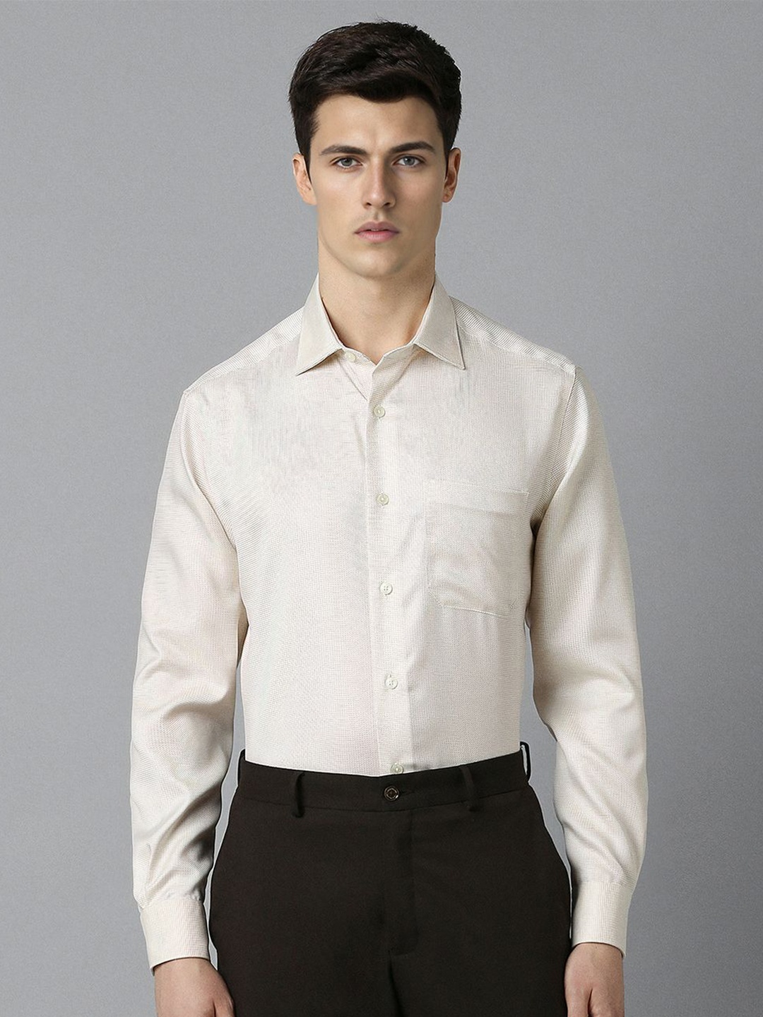 

Louis Philippe Spread Collar Textured Cotton Formal Shirt, Cream
