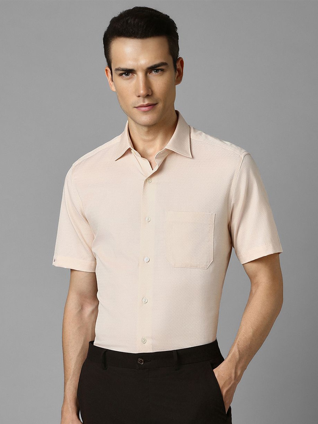 

Louis Philippe Textured Spread Collar Pure Cotton Classic Fit Formal Shirt, Beige