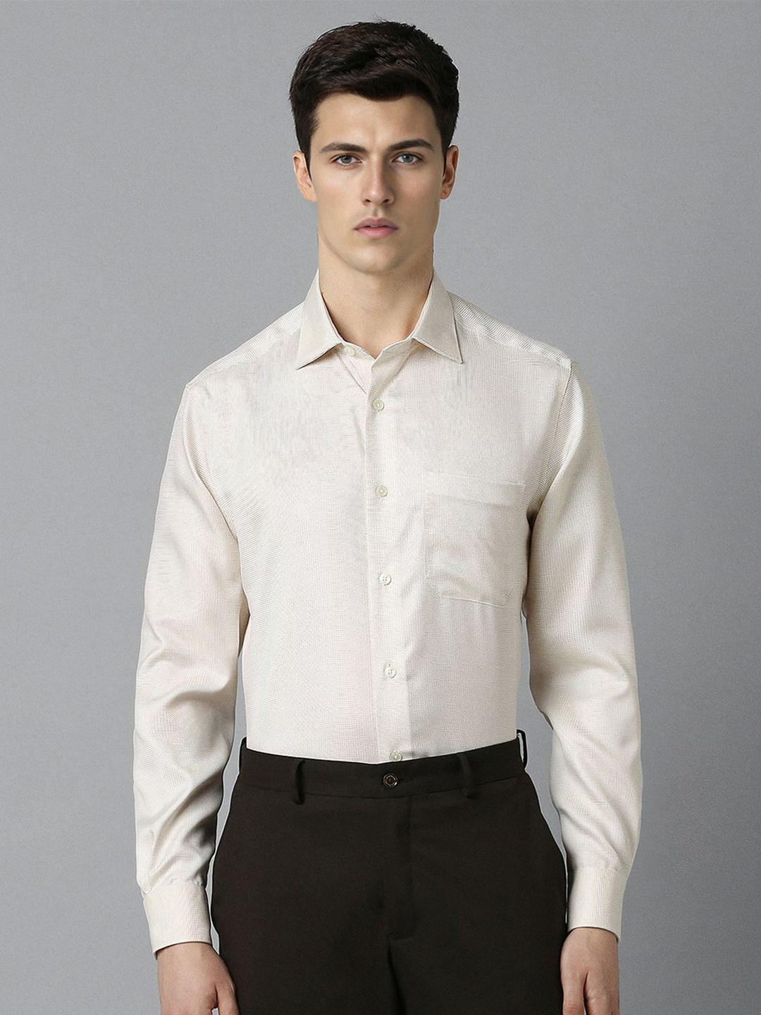 

Louis Philippe Classic Fit Textured Self Design Spread Collar Pure Cotton Formal Shirt, Cream
