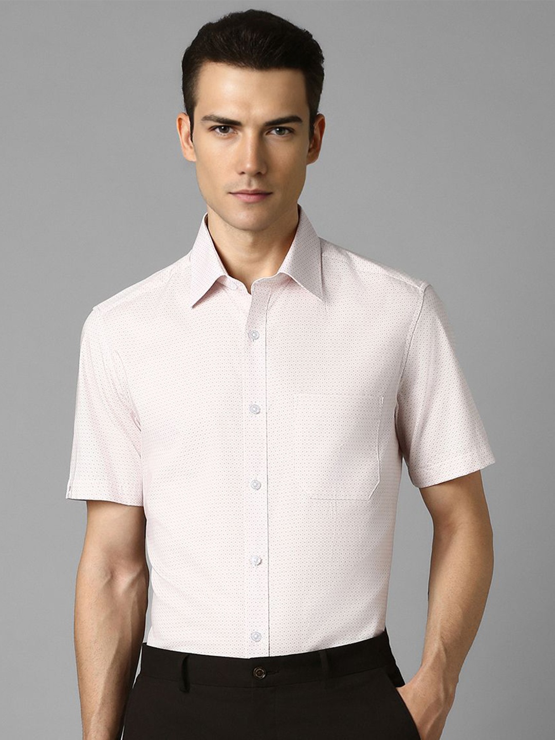 

Louis Philippe Spread Collar Short Sleeves Regular Fit Micro Ditsy Cotton Formal Shirt, Cream