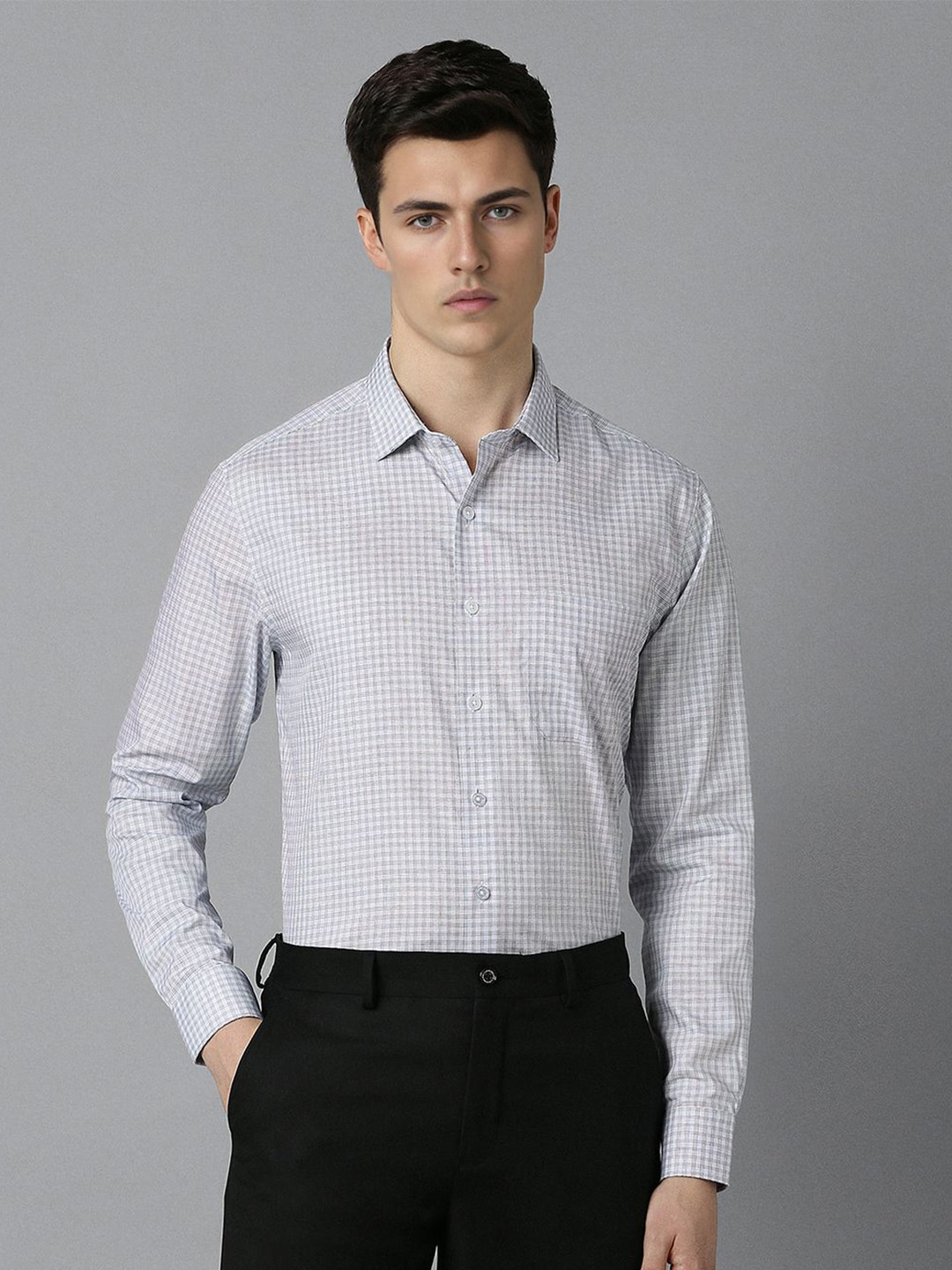 

Louis Philippe Slim Fit Grid Tattersall Checked Spread Collar Pure Cotton Formal Shirt, Blue