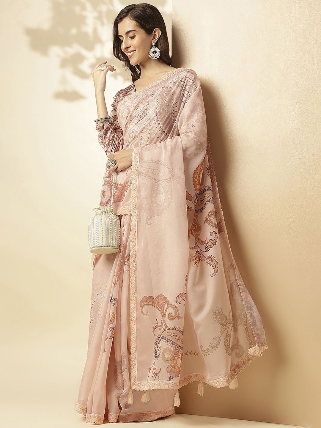 

SANSKAR Paisley Beads and Stones Organza Saree, Peach