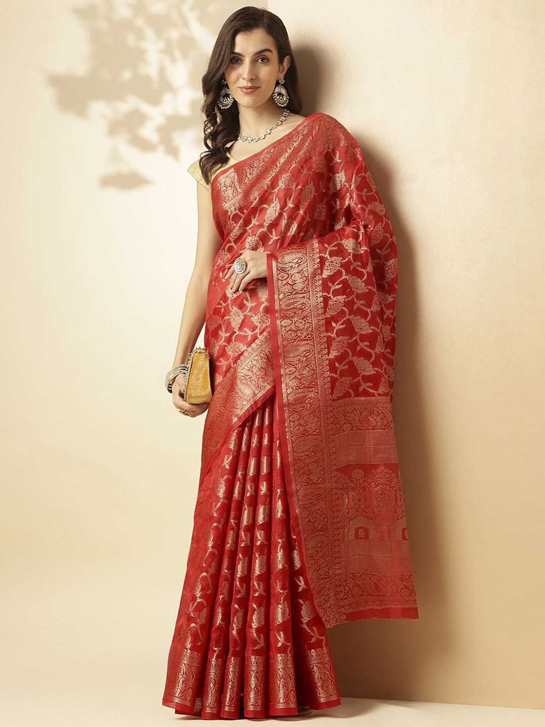 

SANSKAR Woven Design Zari Silk Blend Saree, Red