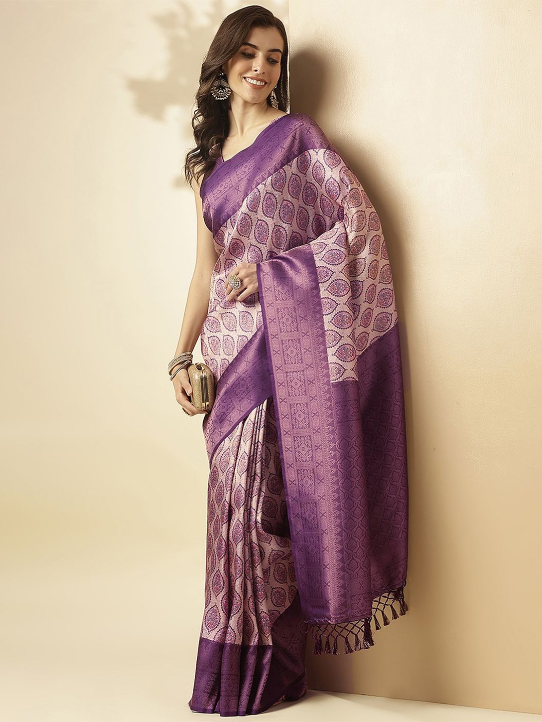 

SANSKAR Woven Design Zari Silk Blend Saree, Lavender