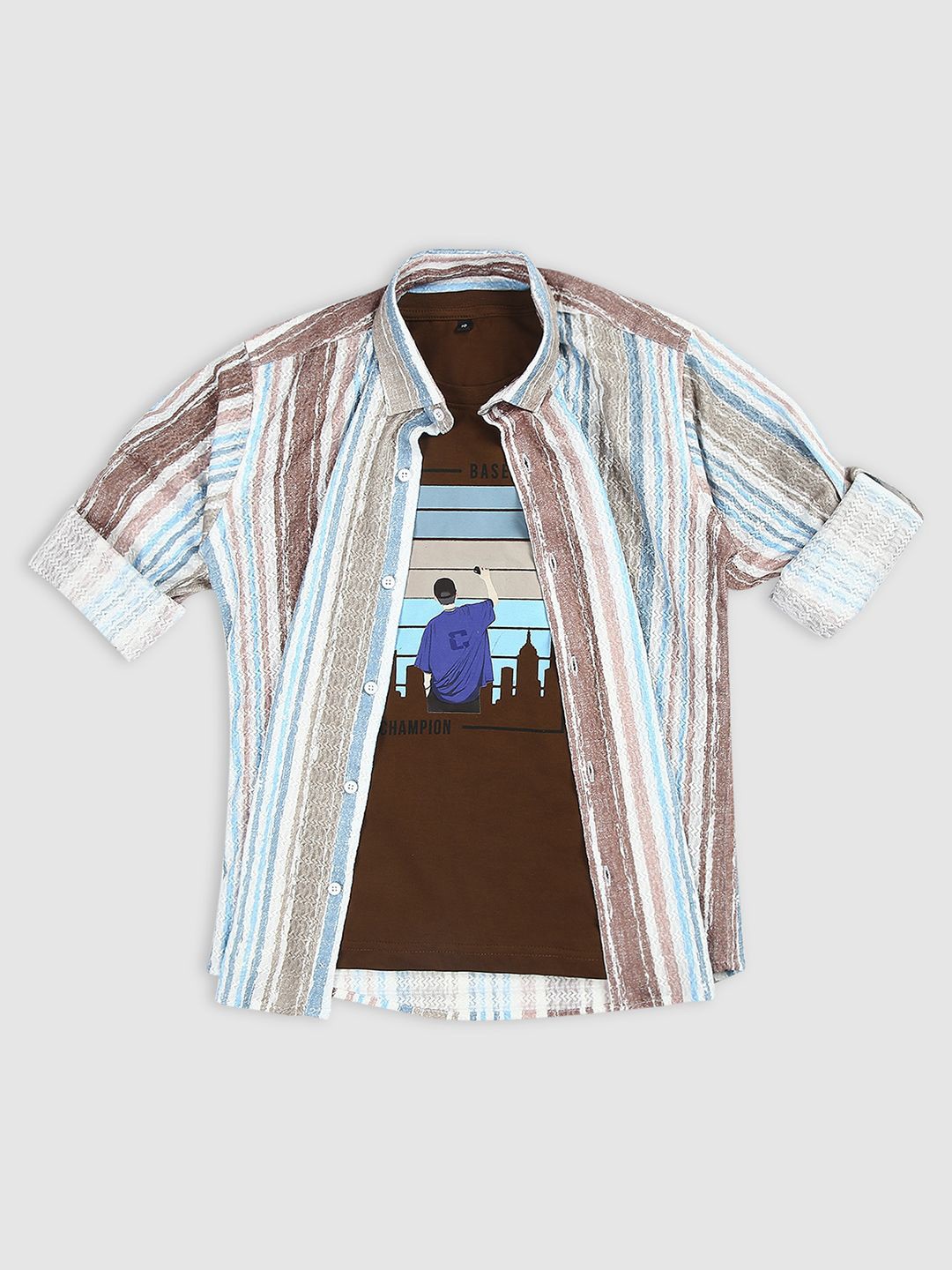 

CAVIO Boys Comfort Vertical Stripes Casual Shirt With T-shirt, Brown