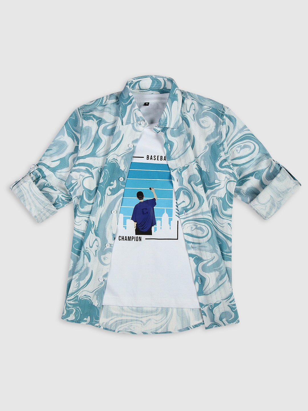 

Cavio Boys Printed Casual Shirt & T-Shirt, Green