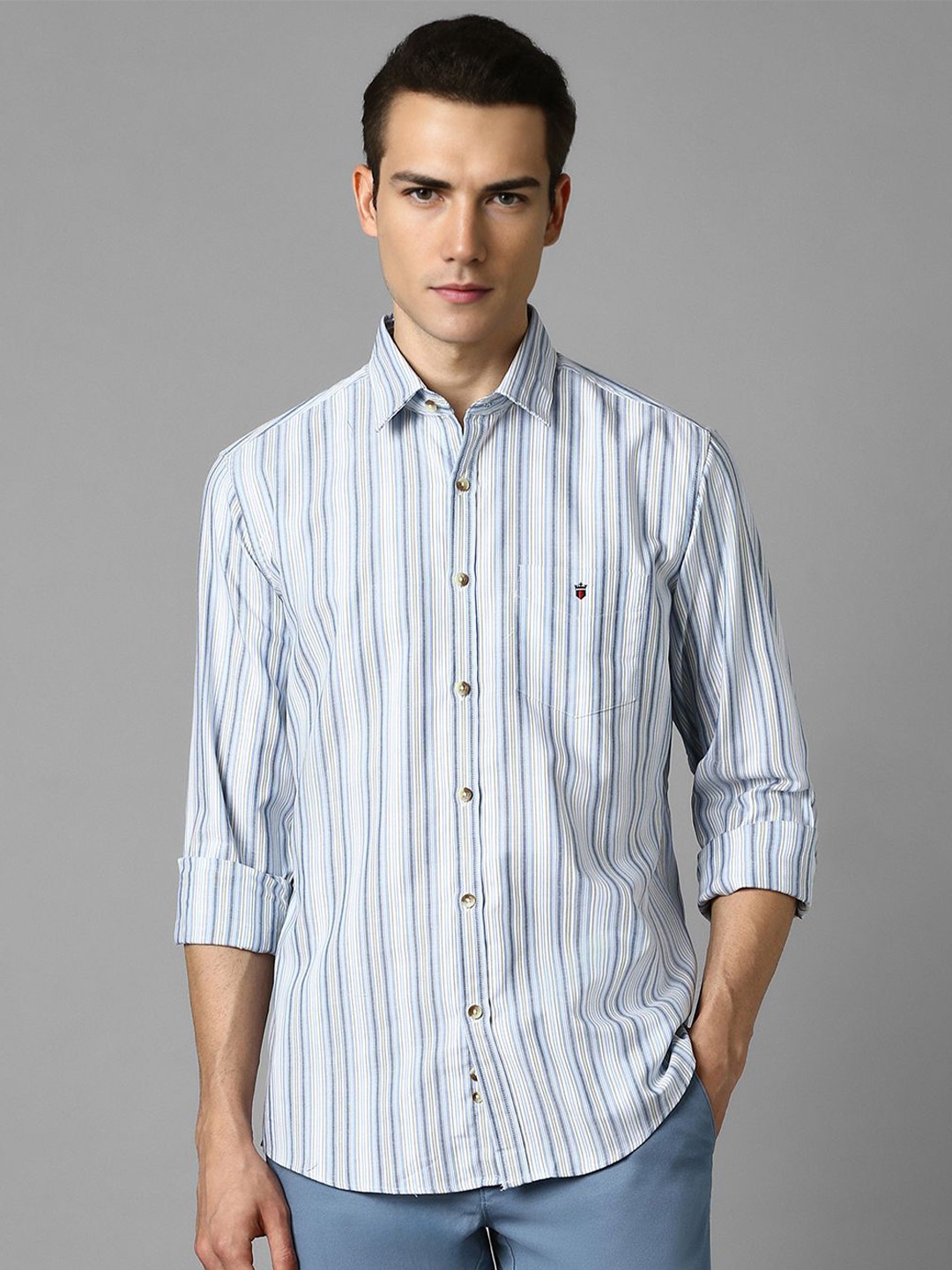 

Louis Philippe Sport Slim Fit Striped Spread Collar Pure Cotton Shirt, Blue