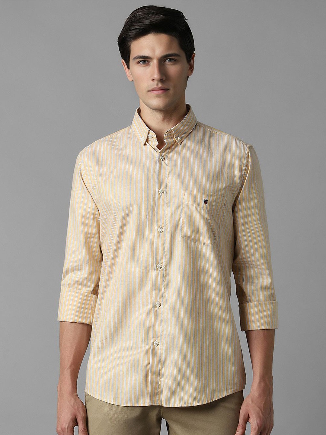

Louis Philippe Sport Slim Fit Vertical Stripes Button-Down Collar Pure Cotton Casual Shirt, Khaki