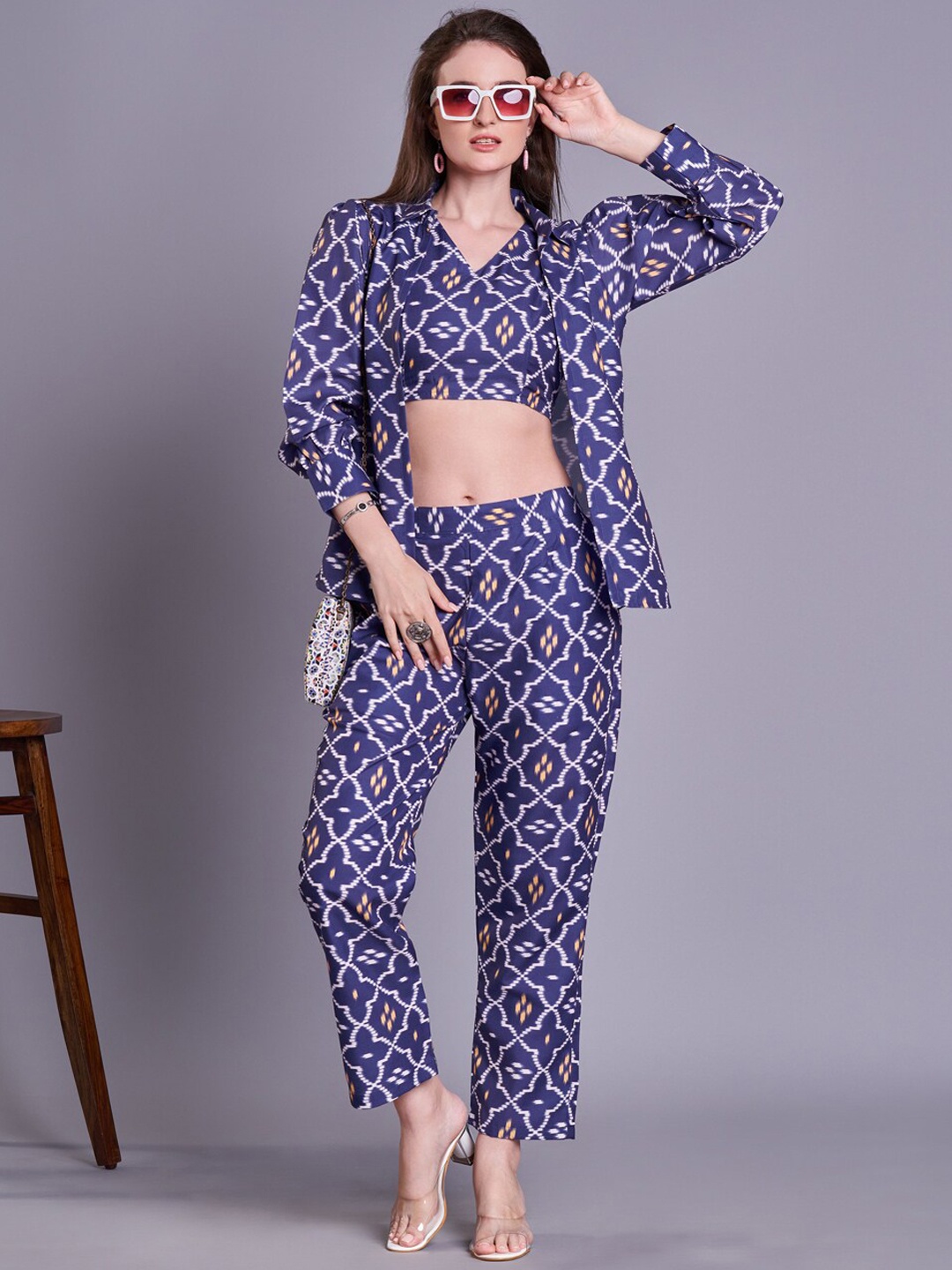 

Siya Fashion Women Printed Long Sleeve Shirt Top & Trouser Co-Ords, Blue