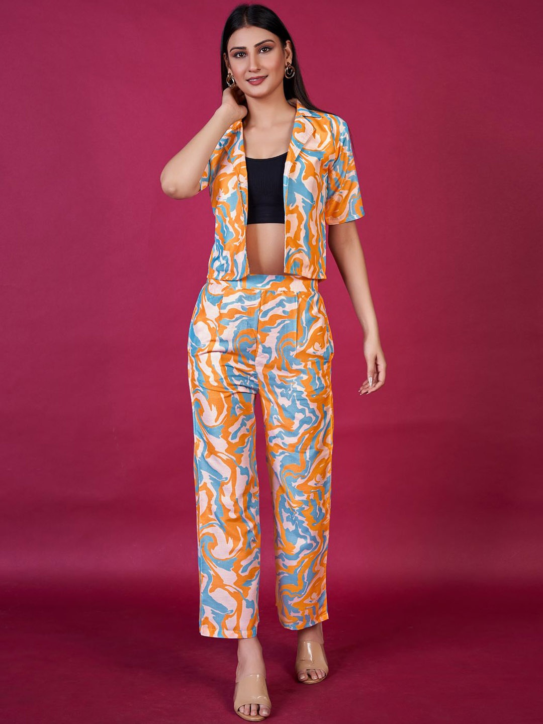 

Siya Fashion Women Printed Short Sleeve Shirt Top & Trouser Co-Ords, Yellow