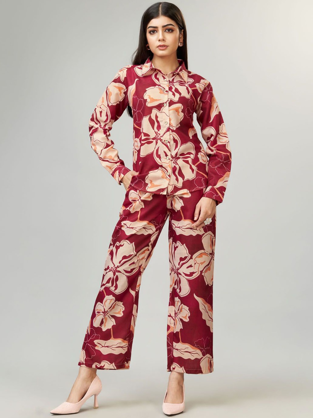 

Siya Fashion Women Printed Long Sleeve Shirt & Trousers Co-Ords, Maroon