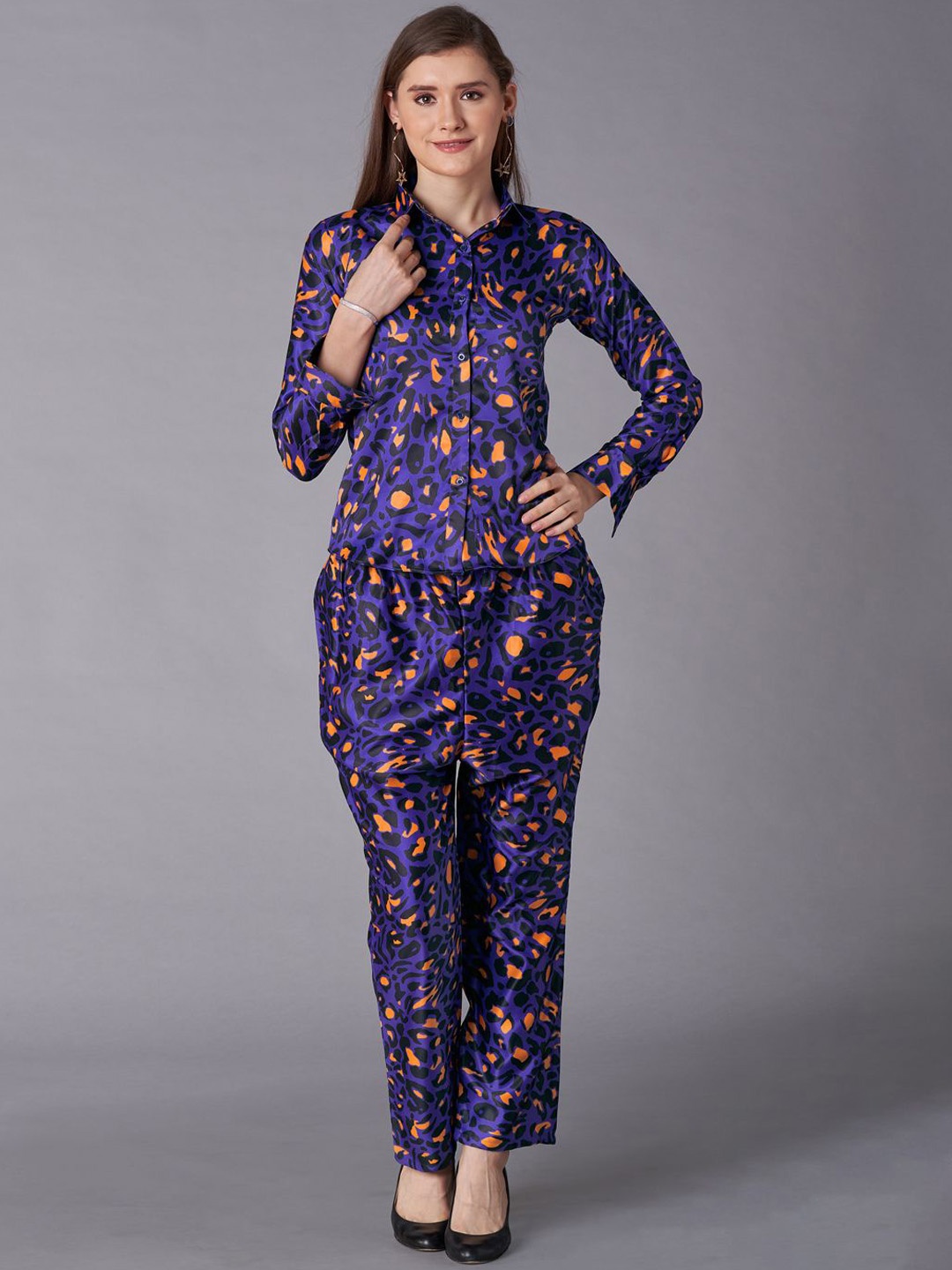 

Siya Fashion Women Printed Long Sleeve Shirt & Trousers Co-Ords, Blue