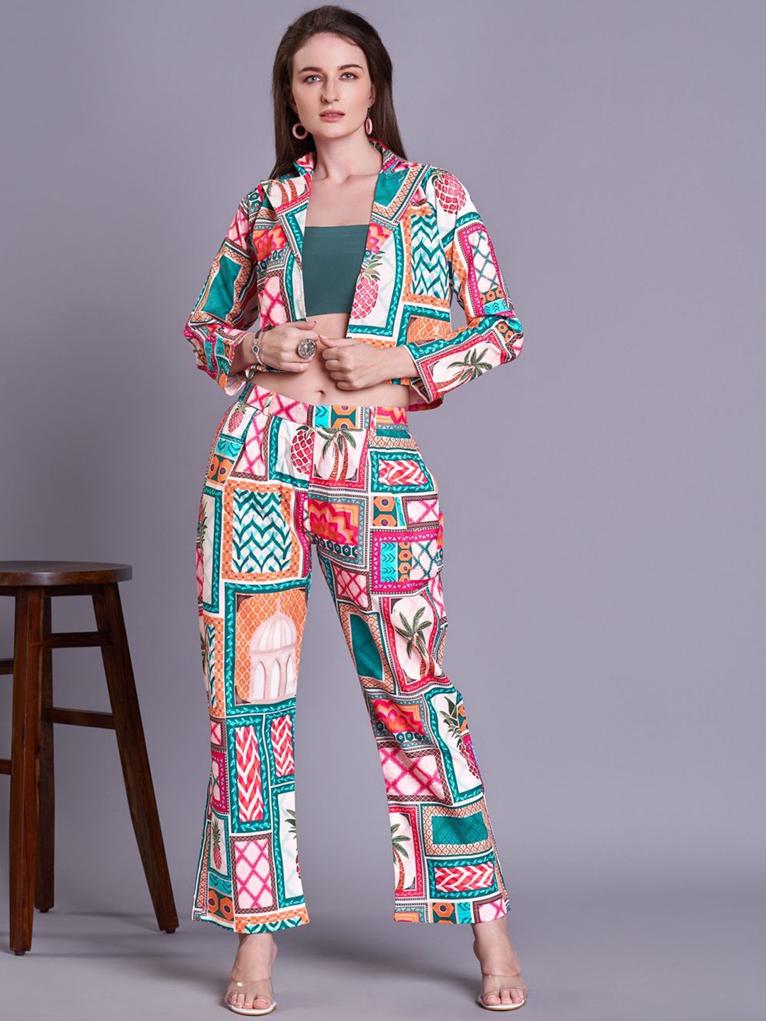 Siya Fashion Women Printed Long Sleeve Crop Shirt Inner Top & Trousers Co-Ords, Pink