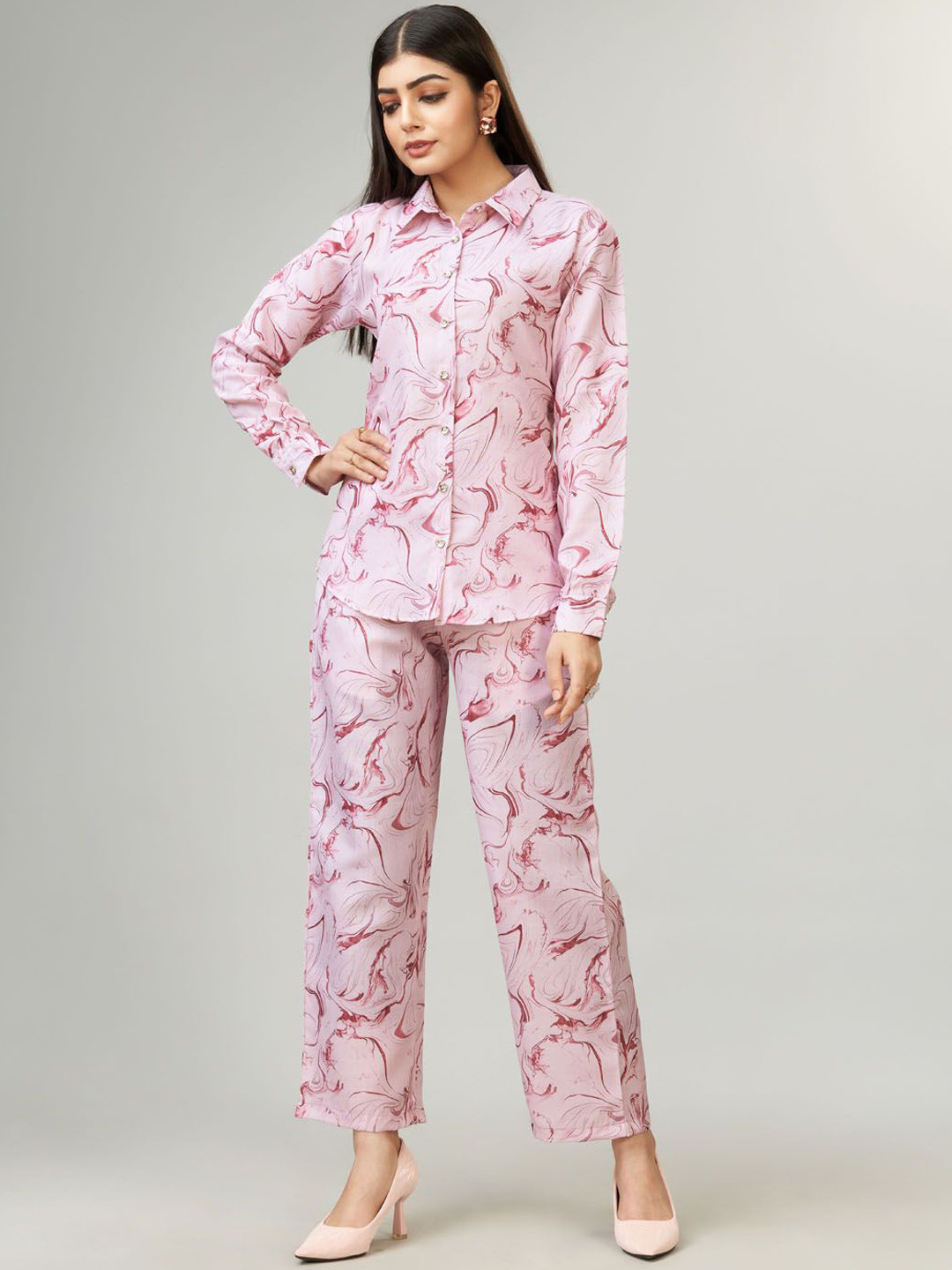 

Siya Fashion Women Printed Long Sleeve Shirt & Trousers Co-Ords, Pink