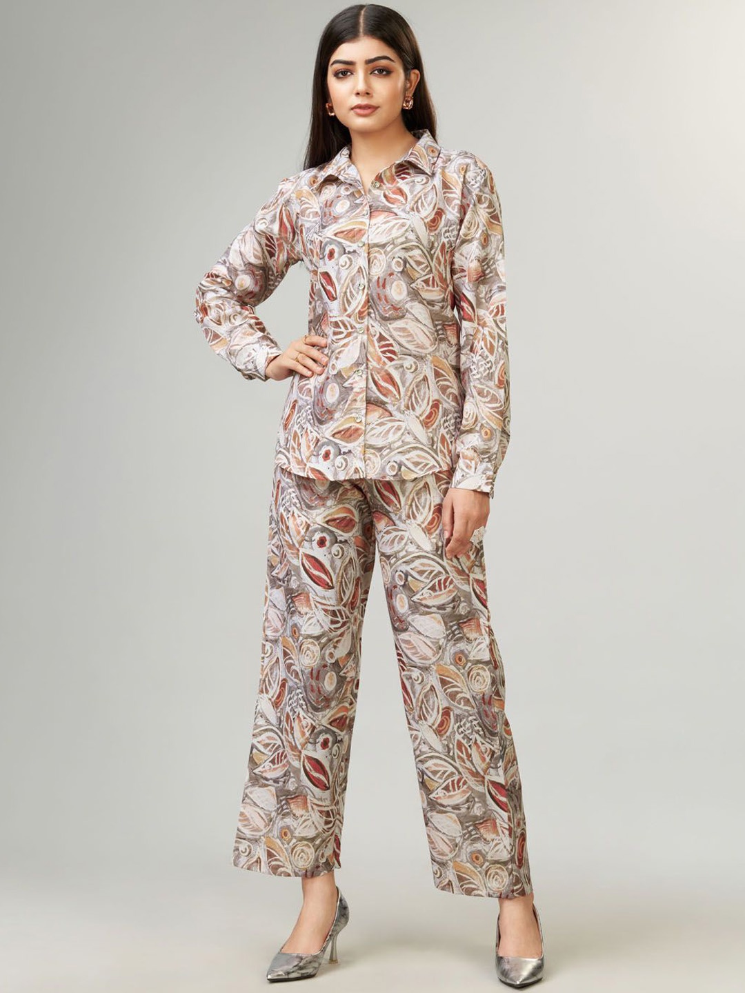 Siya Fashion Women Printed Long Sleeve Shirt & Trousers Co-Ords, Grey