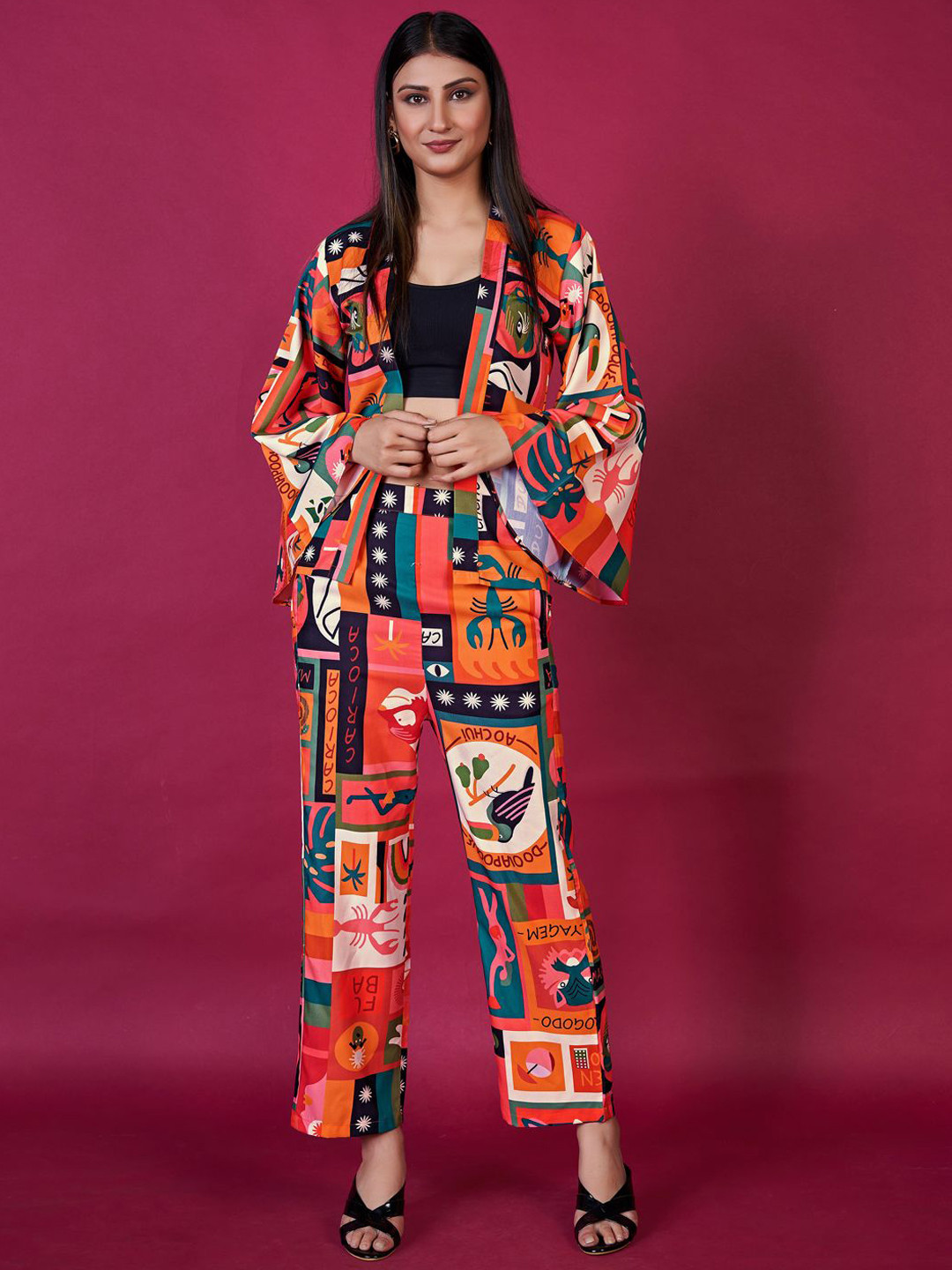 

Siya Fashion Women Printed Long Sleeve Shirt Top & Trousers Co-Ords, Orange