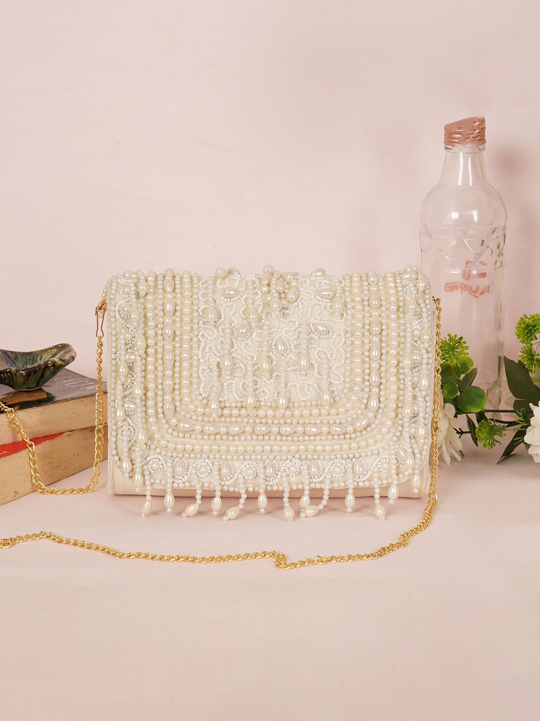 

FABBHUE Embroidered Box Clutch, Off white