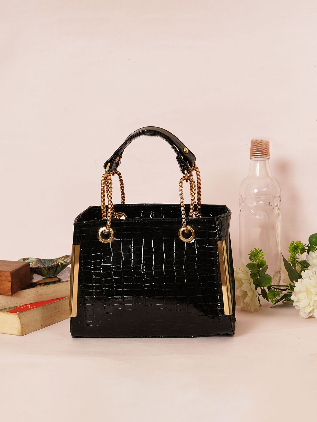 

FABBHUE Solid Textured Structured Handheld Bag with Tasselled, Black