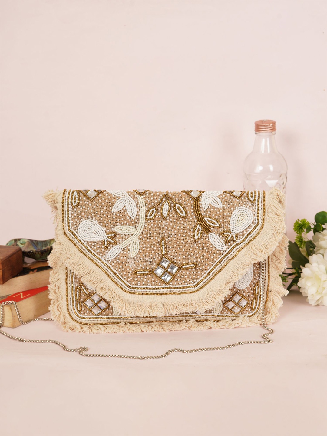 

FABBHUE Embroidered Foldover Clutch, Beige