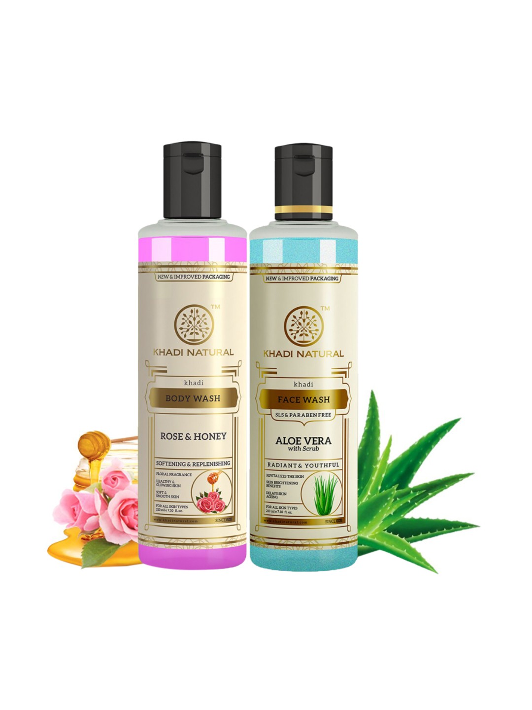 Khadi Natural Rose & Honey Body Wash & Aloe Vera Face Wash - 210ml Each, Green