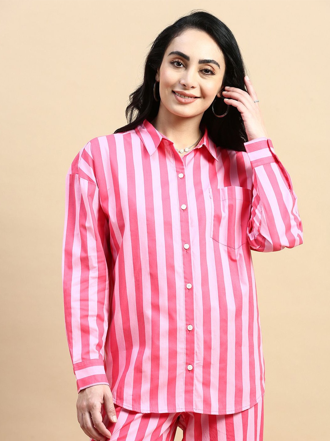 

De Moza Women Opaque Striped Casual Shirt, Pink