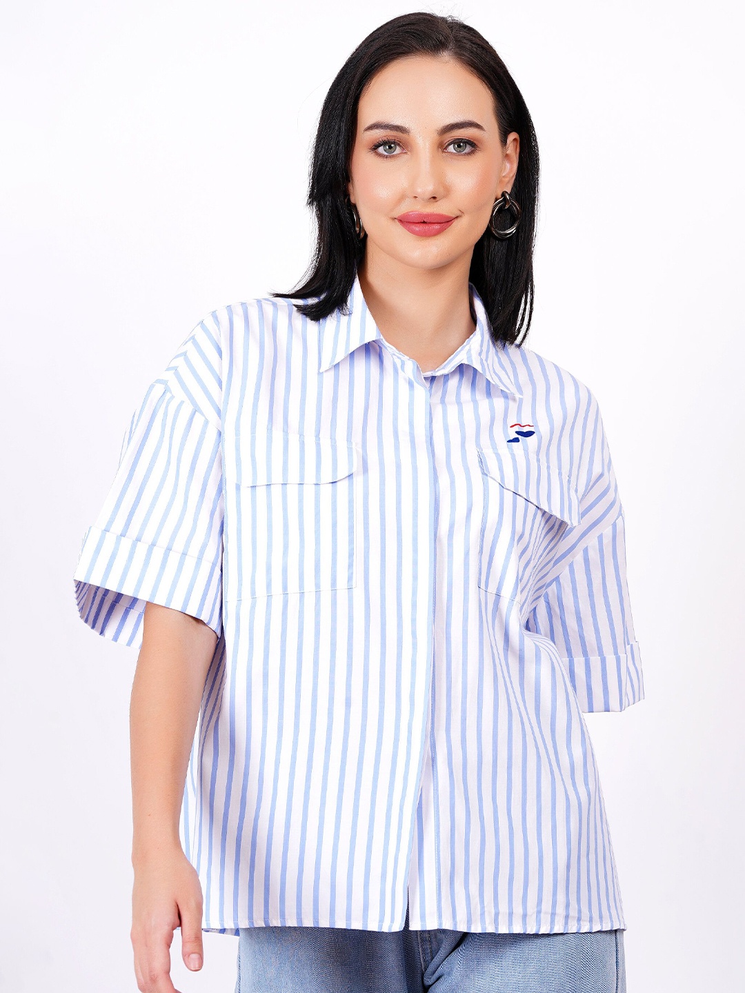 

MINGLAY Relaxed Striped Casual Shirt, Teal