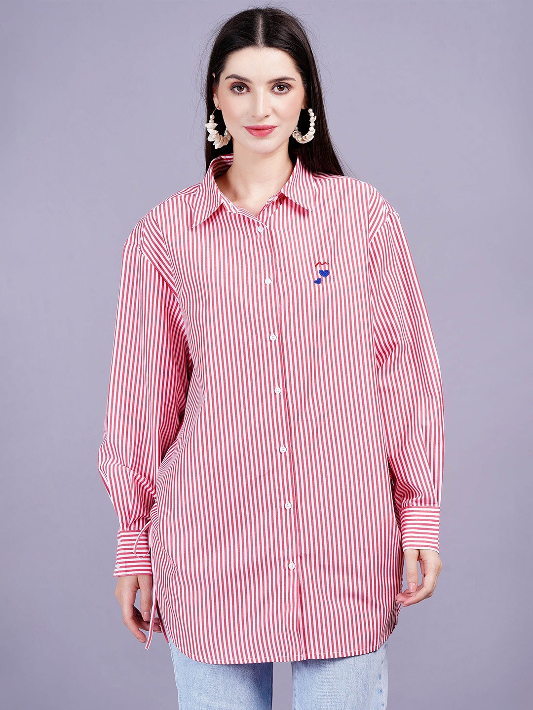 

MINGLAY Women Relaxed Sheer Striped Casual Shirt, Red