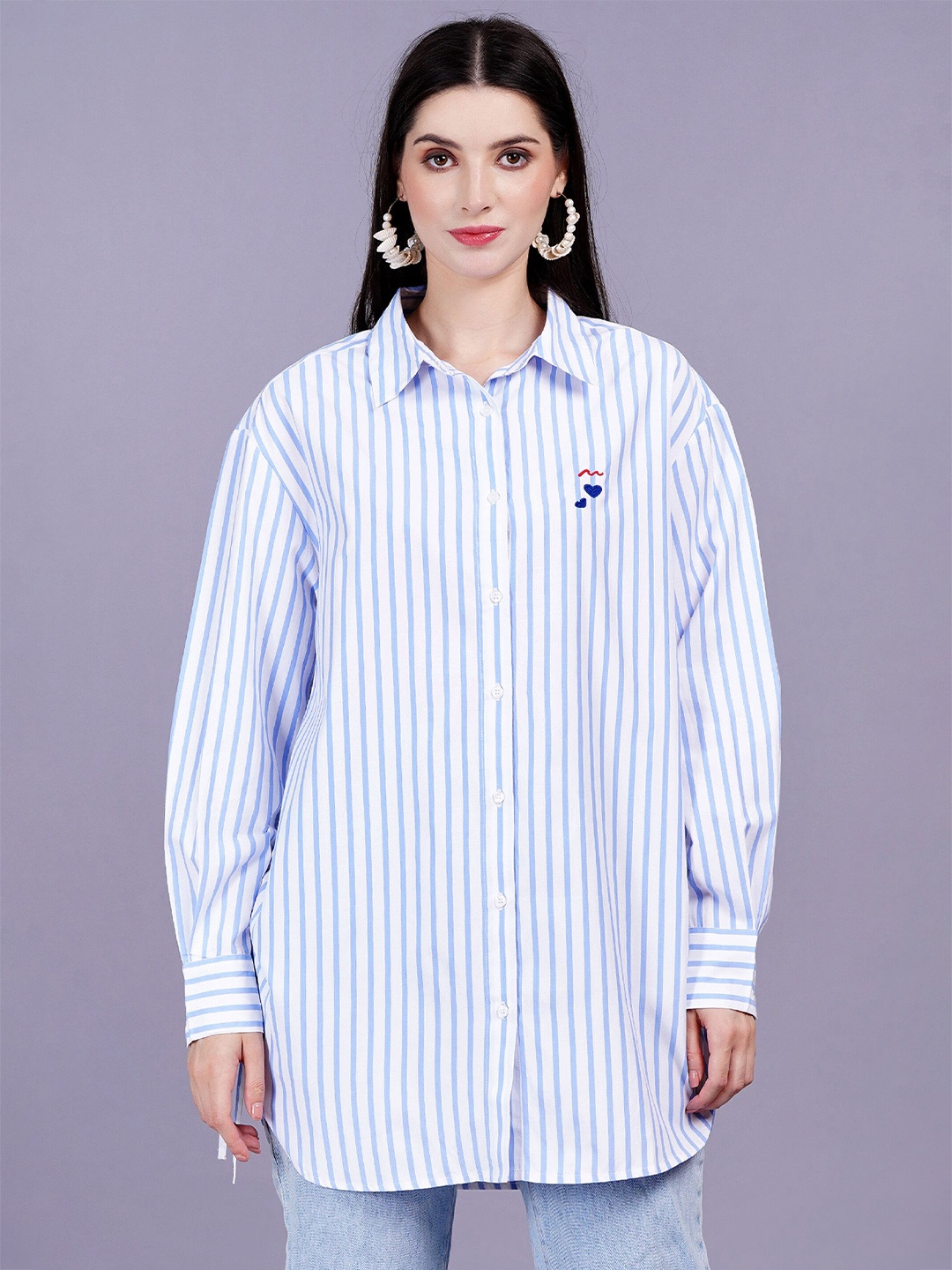 

MINGLAY Women Relaxed Sheer Striped Casual Shirt, Blue
