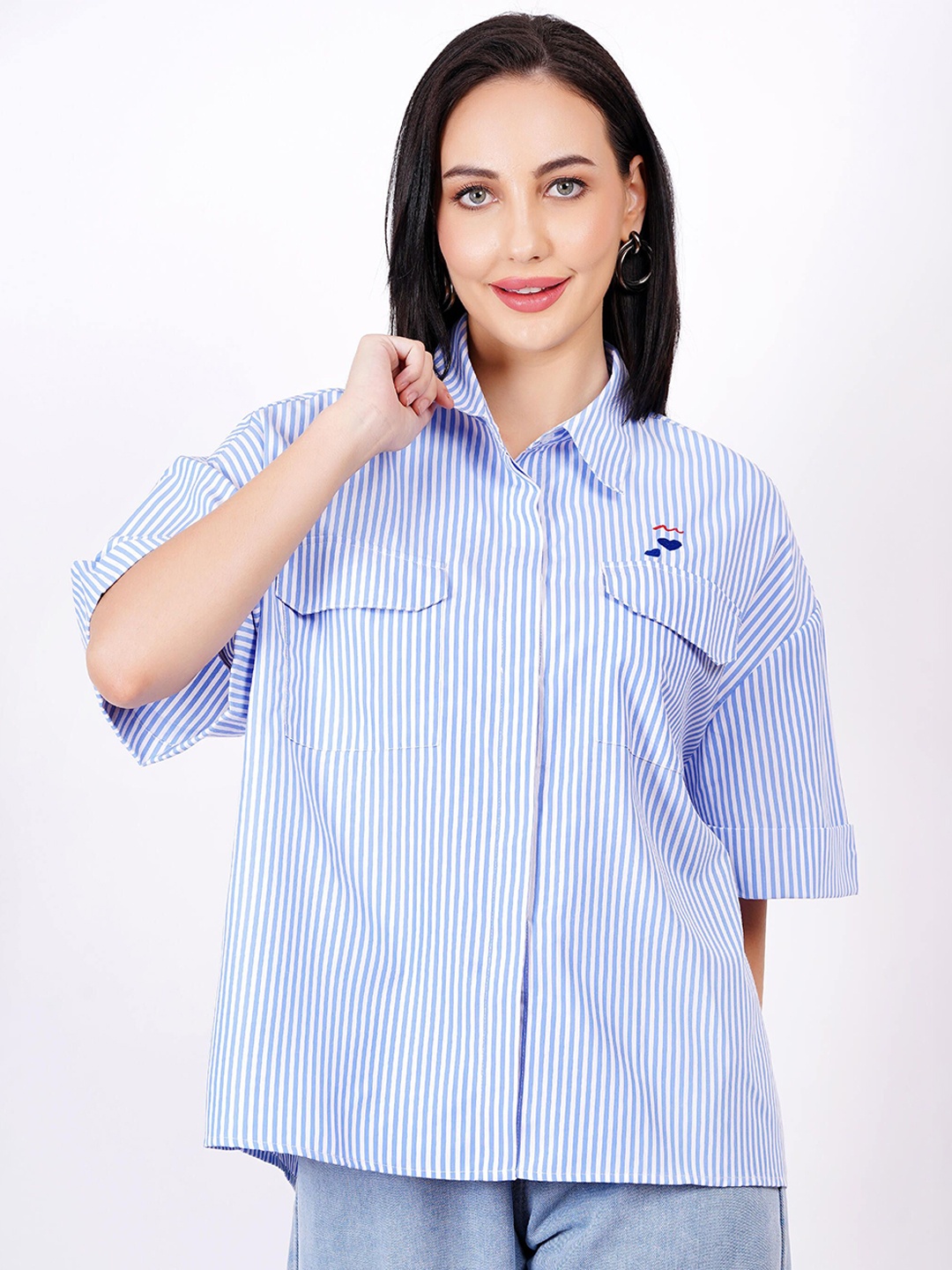 

MINGLAY Women Relaxed Sheer Striped Casual Shirt, Navy blue