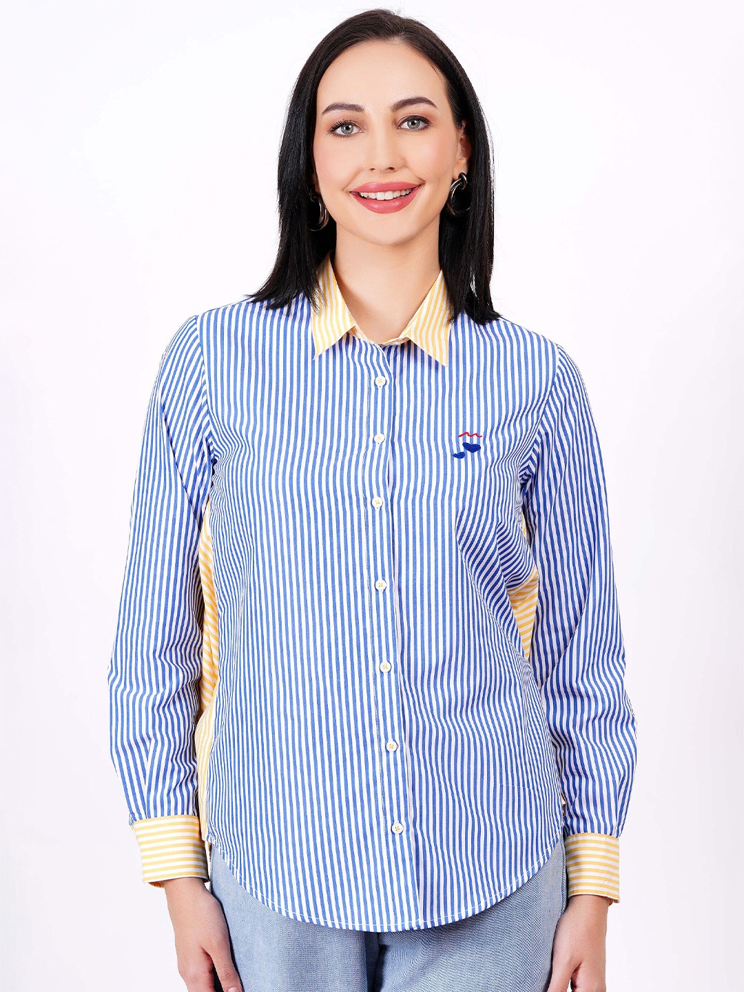 

MINGLAY Women Relaxed Sheer Striped Casual Shirt, Navy blue