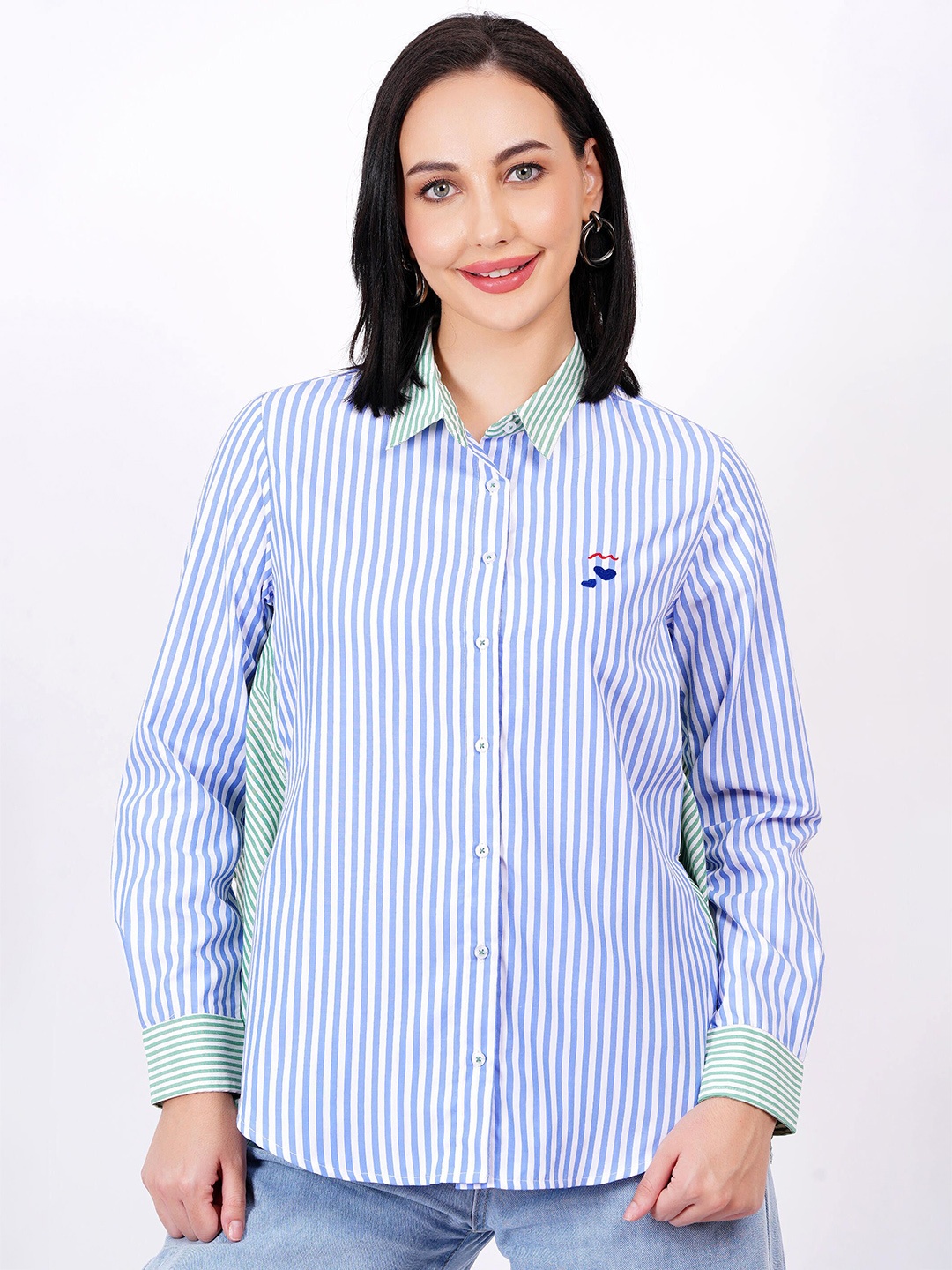 

MINGLAY Women Relaxed Sheer Striped Casual Shirt, Blue