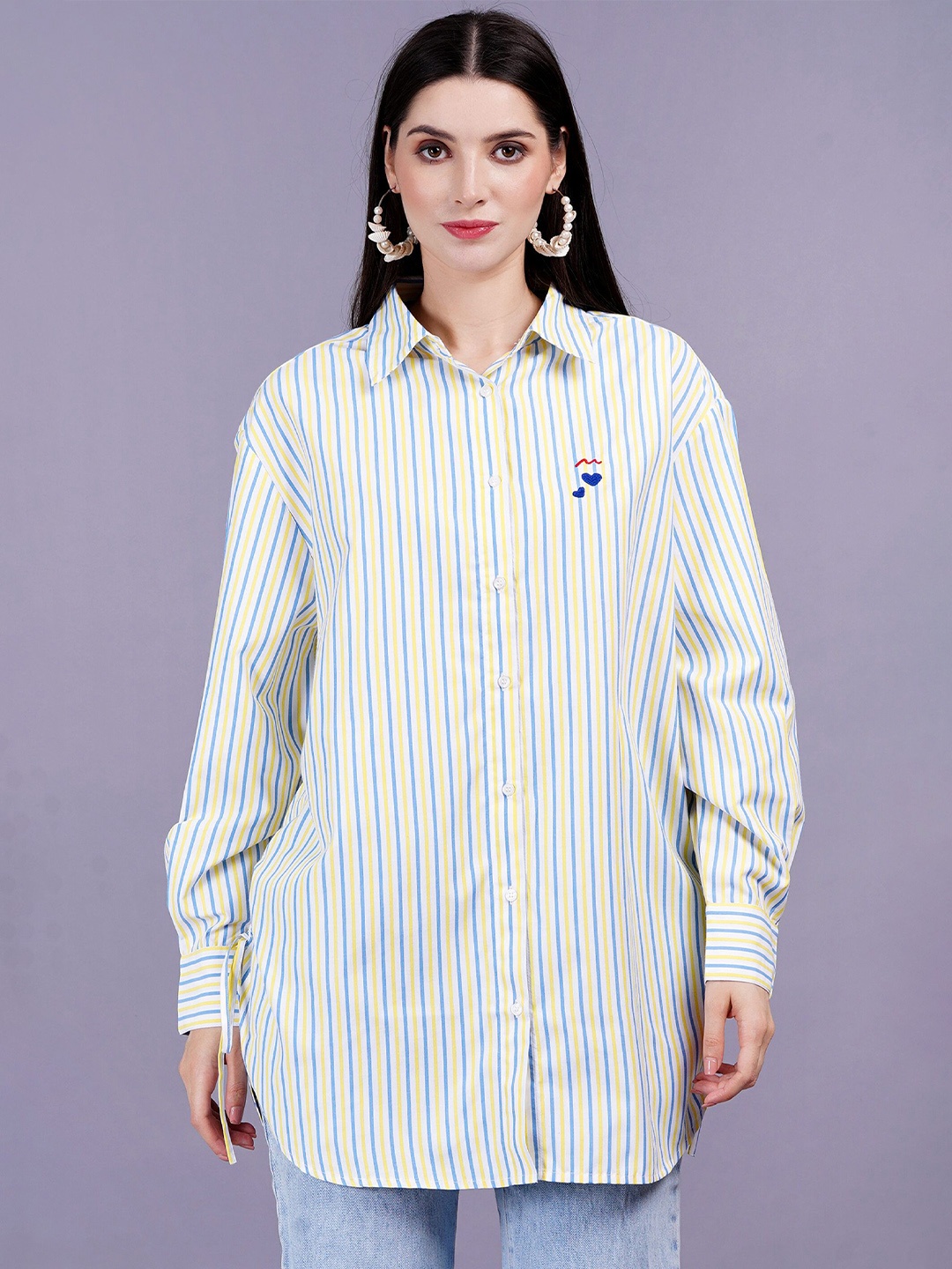

MINGLAY Women Relaxed Sheer Striped Casual Shirt, Yellow