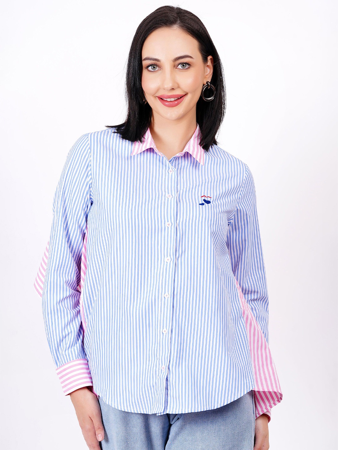 

MINGLAY Women Relaxed Sheer Striped Casual Shirt, Blue