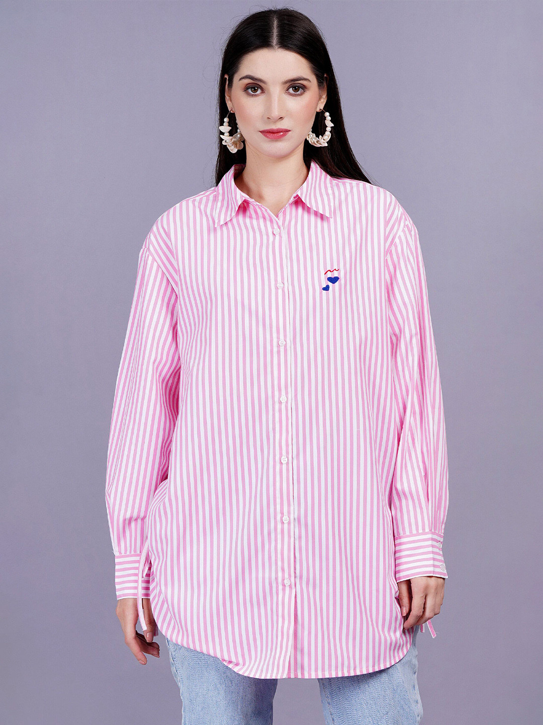 

MINGLAY Women Relaxed Sheer Striped Casual Shirt, Pink