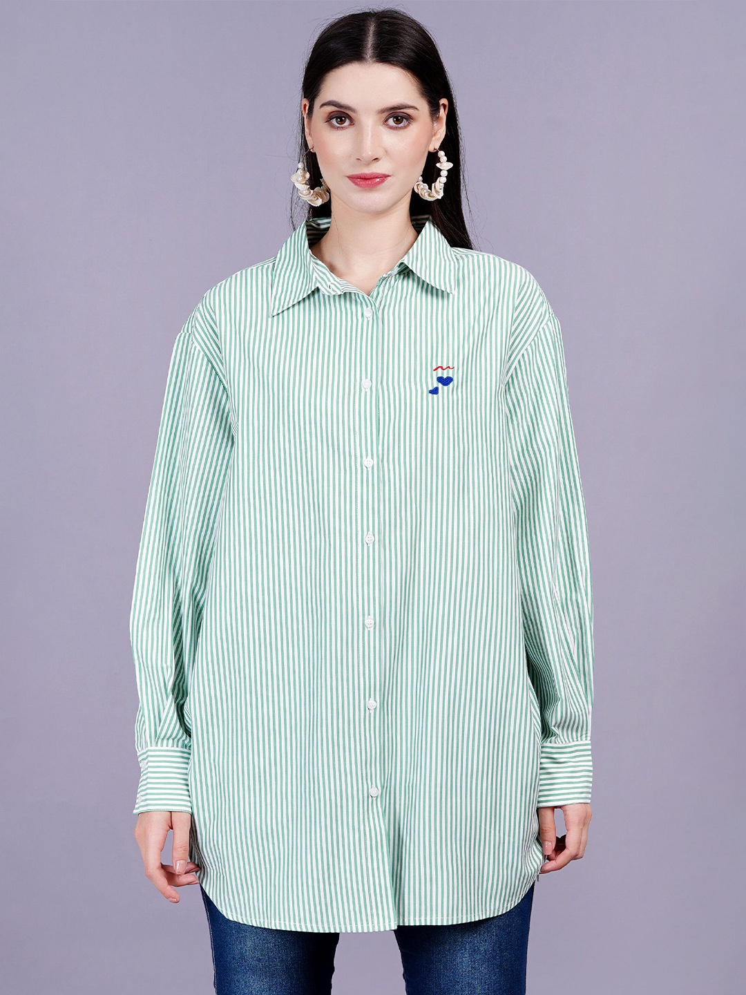 

MINGLAY Women Relaxed Sheer Striped Casual Shirt, Green